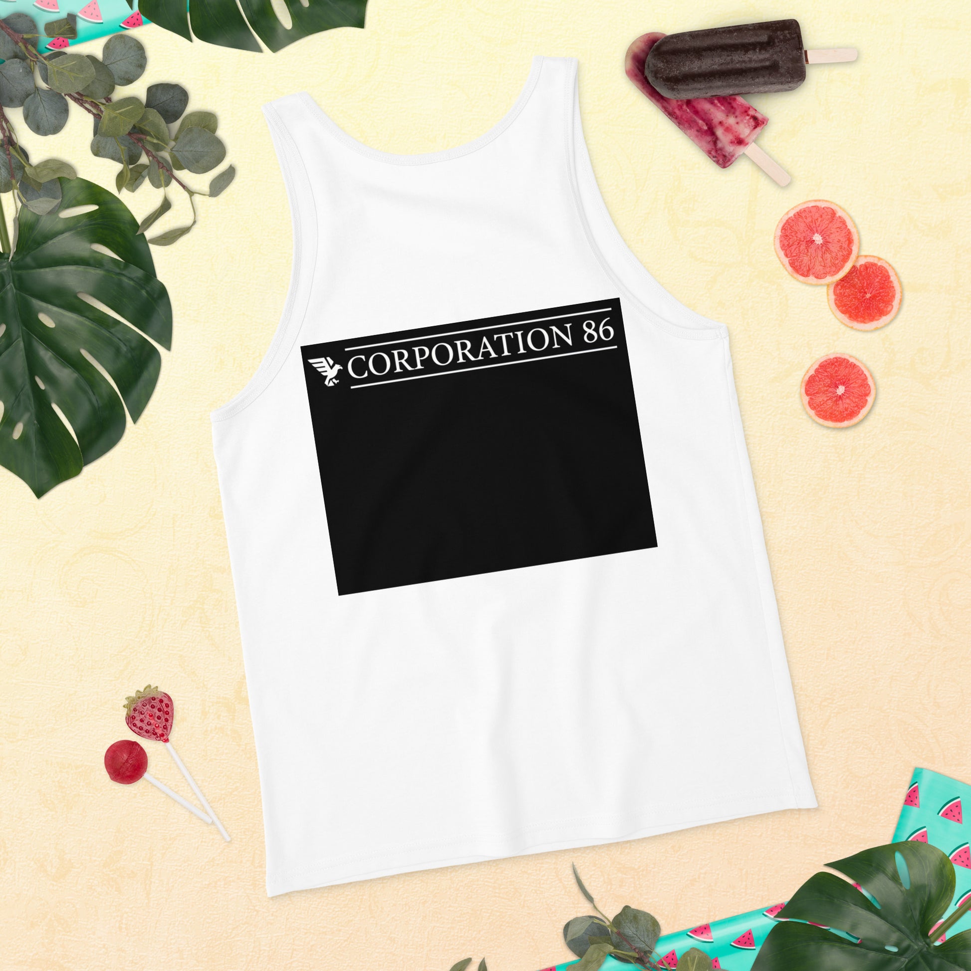 Canotta unisex bianca CORPORATION-86 con schiena a taglio dritto, tessuto morbido e stile casual.