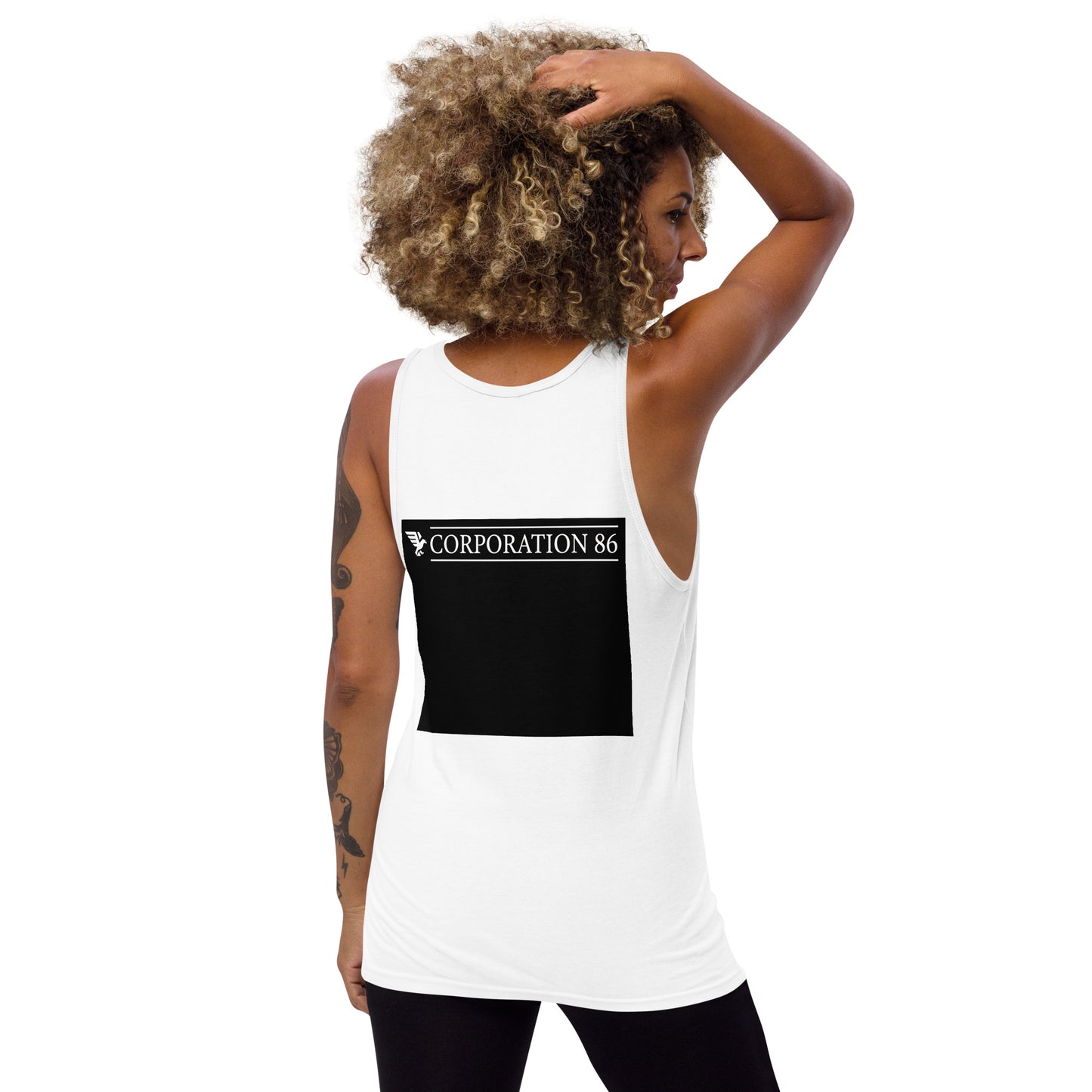 Canotta unisex bianca CORPORATION-86 con schiena aperta, tessuto morbido e comodo, vista posteriore.