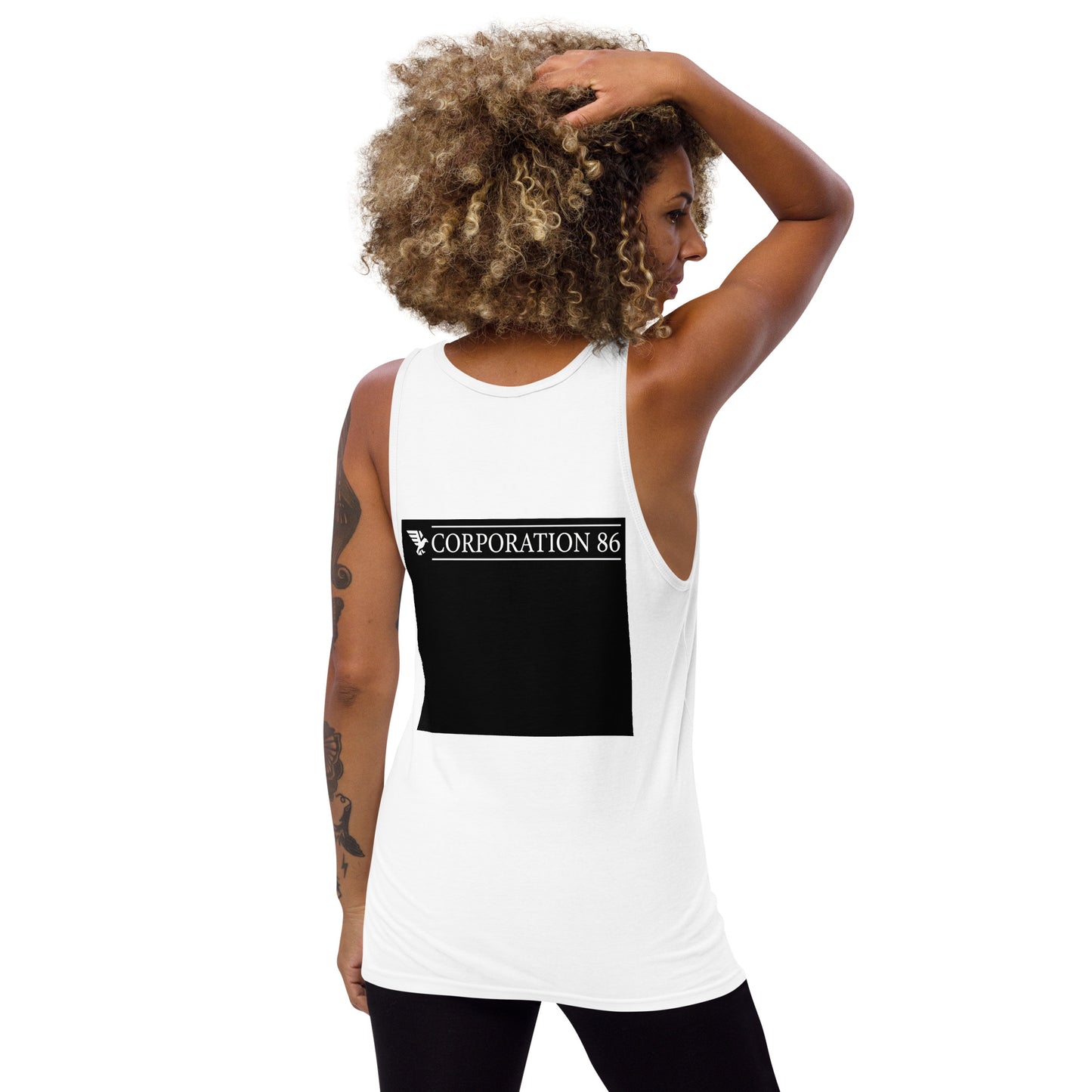 Canotta unisex bianca CORPORATION-86 con schiena aperta, tessuto morbido e vestibilità comoda, vista posteriore.