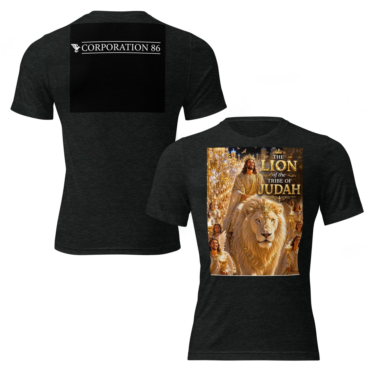 T-shirt unisex a maniche corte CORPORATION-86 in tessuto tri-blend nero charbono, vista anteriore e posteriore.