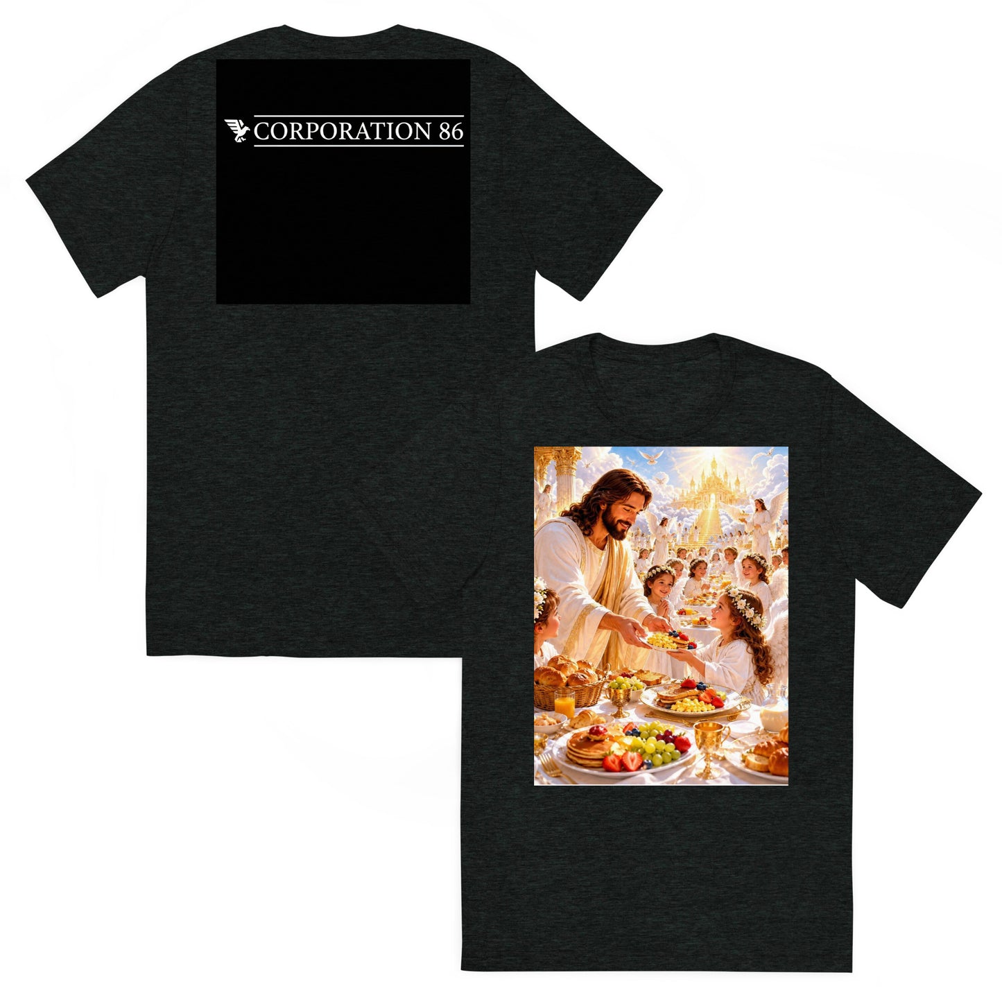 Maglietta unisex a maniche corte CORPORATION-86 in tessuto tri-blend color nero con dettaglio frontale e posteriore.