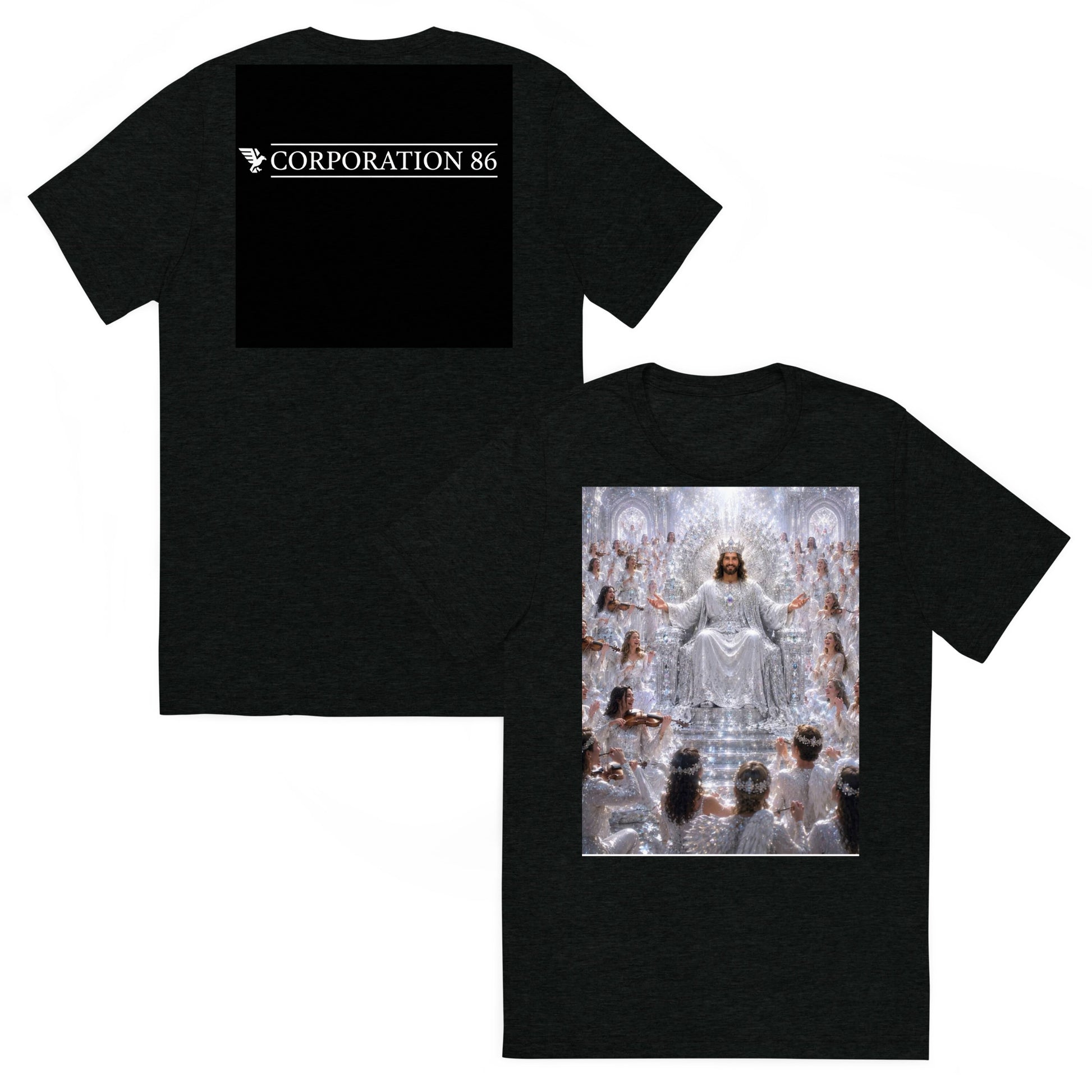 T-shirt unisex a maniche corte CORPORATION-86, tessuto tri-blend nero solido con stampa frontale e posteriore.