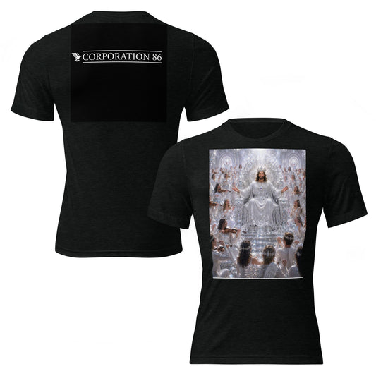 Maglietta unisex a maniche corte CORPORATION-86 in tessuto tri-blend nera, vista frontale e posteriore.