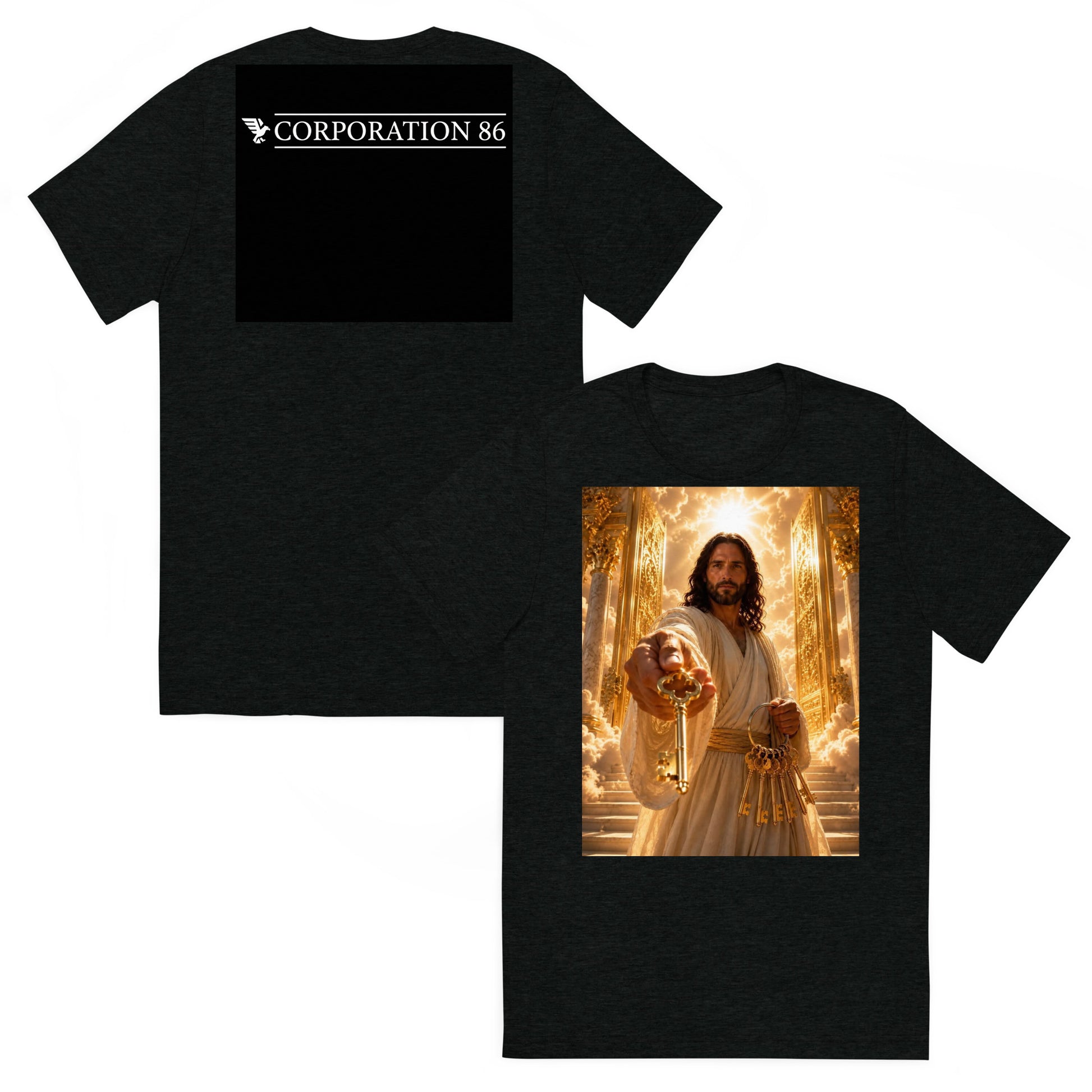 T-shirt unisex a manica corta CORPORATION-86 in tessuto tri-blend nero, vista frontale e posteriore.