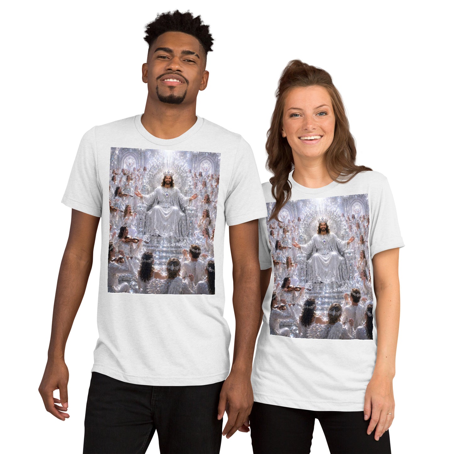 T-shirt unisex a maniche corte CORPORATION-86 in tessuto tri-blend bianco, fronte liscia e morbida.