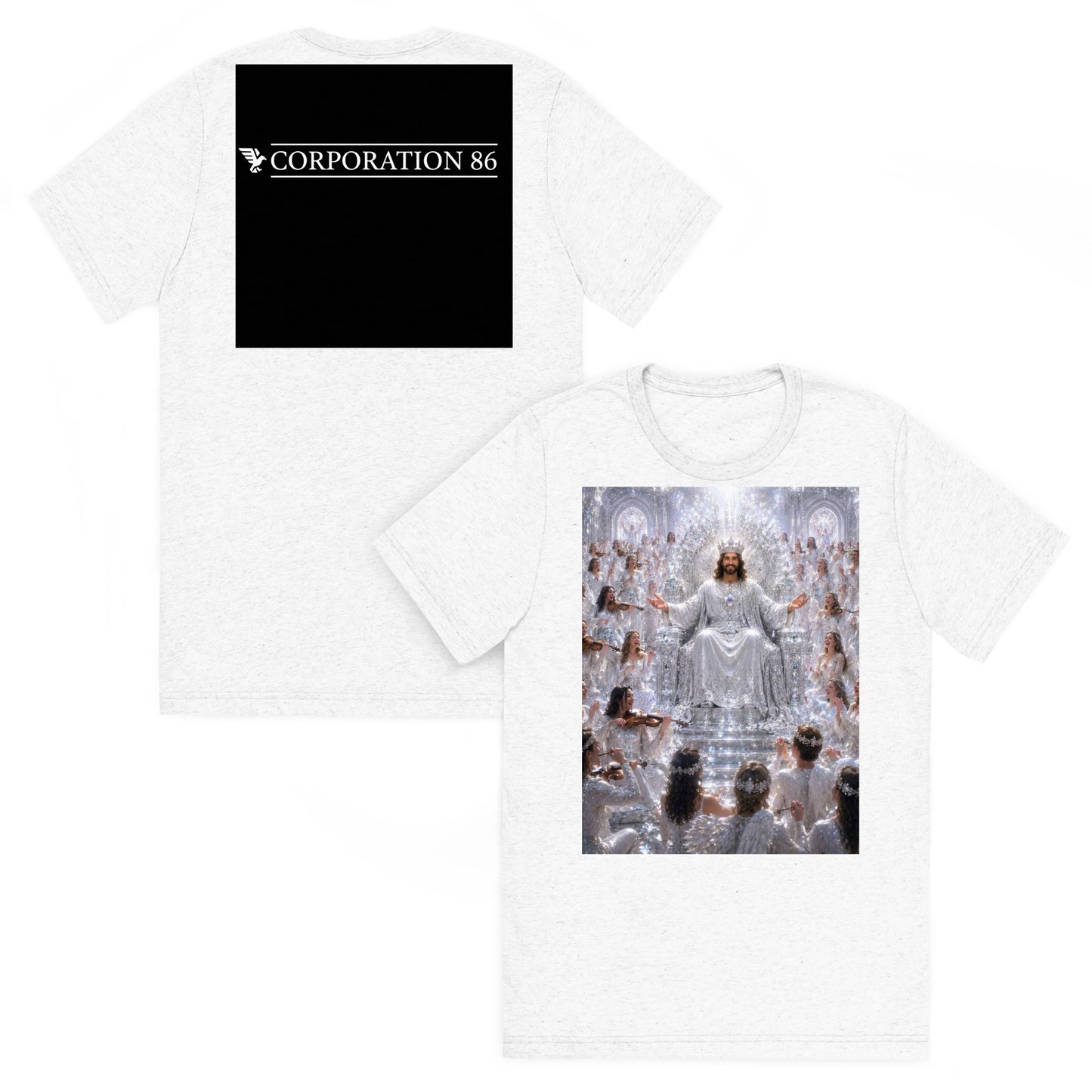 Maglietta unisex a maniche corte CORPORATION-86 in tessuto tri-blend bianco, vista frontale e posteriore.