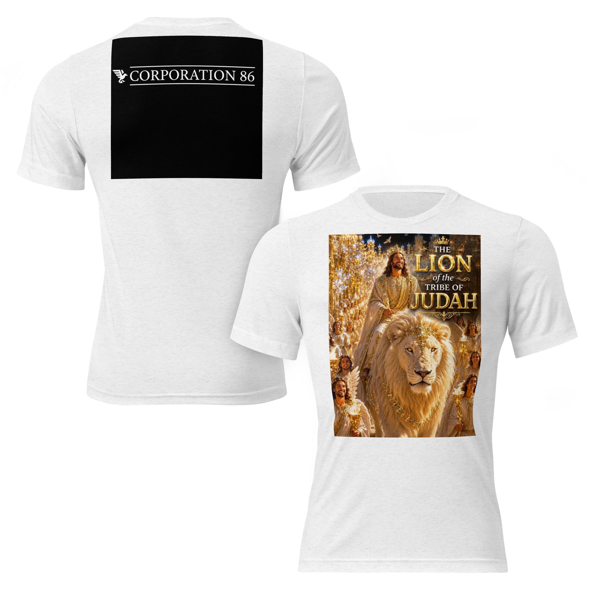 Maglietta unisex a maniche corte CORPORATION-86, in tessuto tri-blend bianco, vista frontale e posteriore.