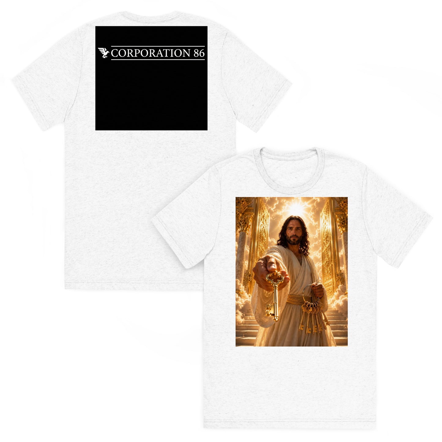 Maglietta a maniche corte unisex CORPORATION-86 in tessuto tri-blend bianco, vista frontale e posteriore.