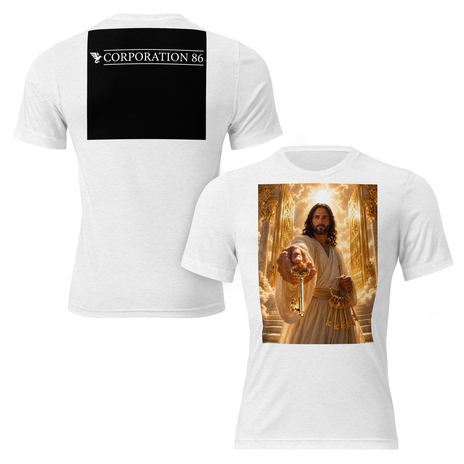 Maglietta unisex a maniche corte CORPORATION-86 in tessuto tri-blend bianco, vista frontale e posteriore.