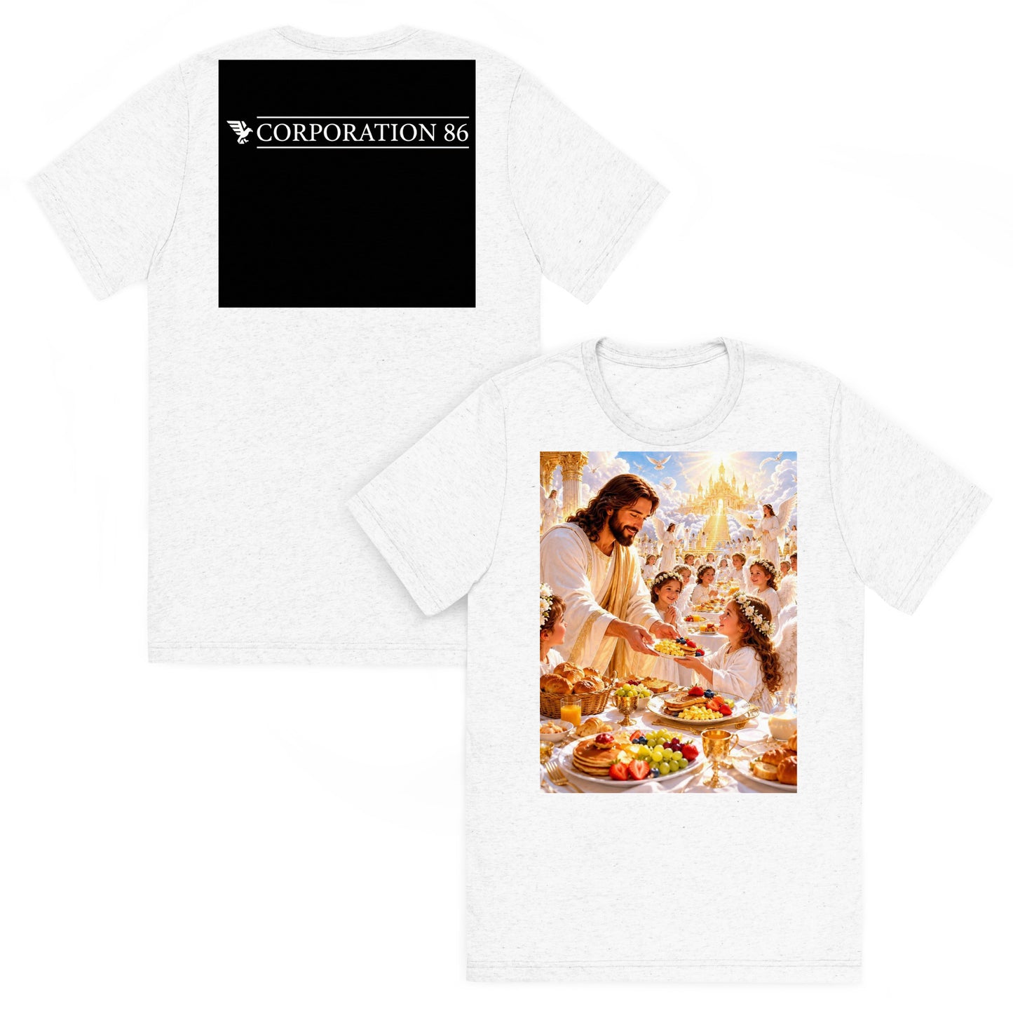 T-shirt unisex a maniche corte CORPORATION-86, tessuto tri-blend bianco solido, vista frontale e posteriore.