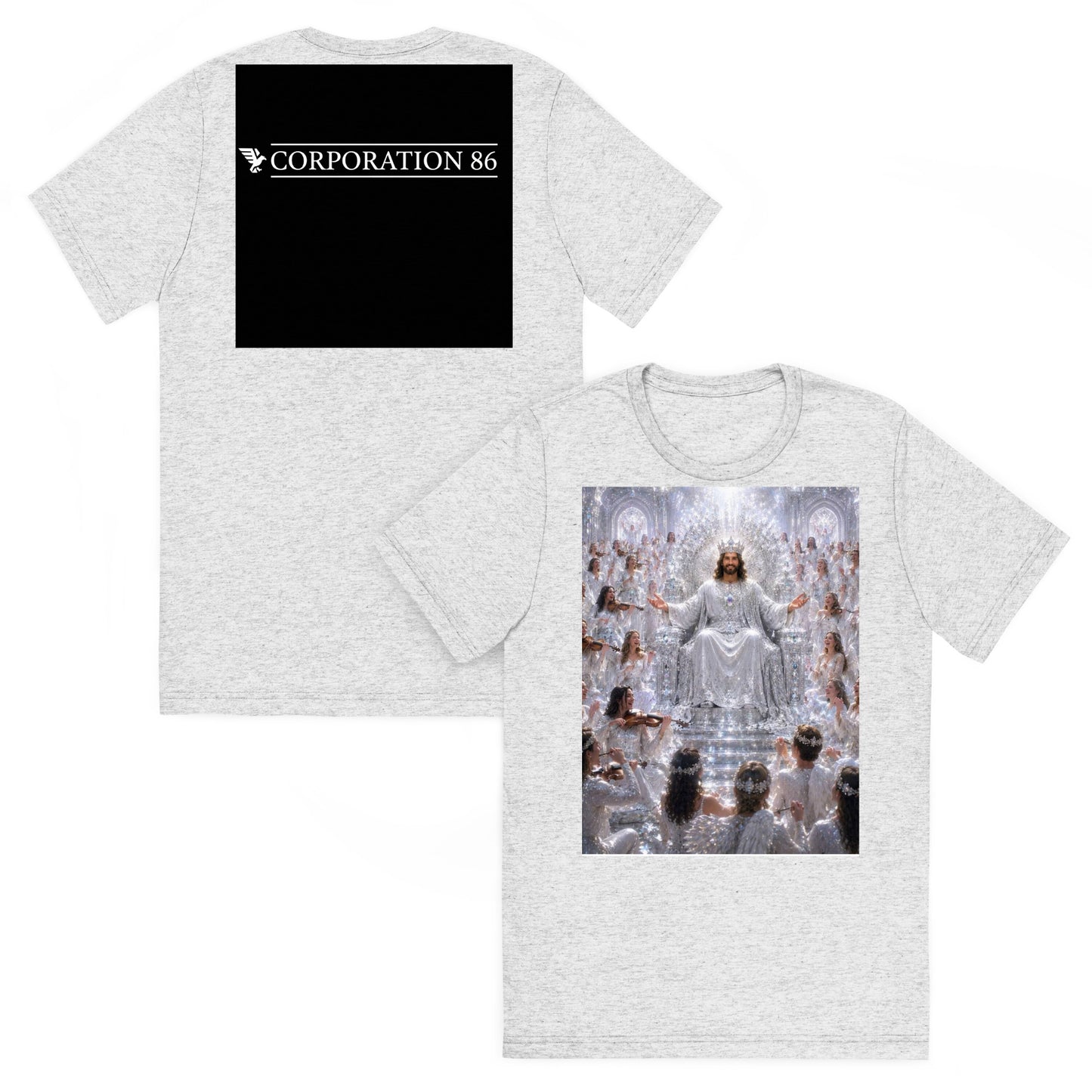 Maglietta unisex a maniche corte CORPORATION-86 in tessuto tri-blend bianco con dettagli a spatola sul fronte e retro.