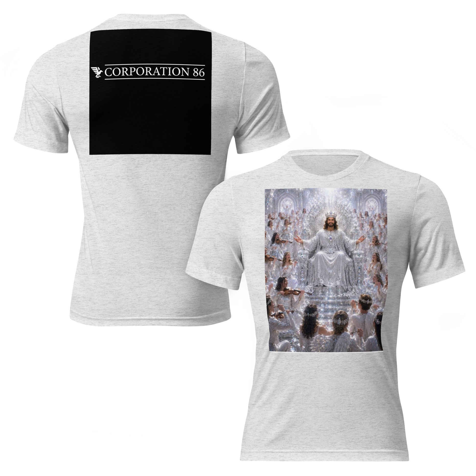 T-shirt unisex a maniche corte CORPORATION-86 in tessuto tri-blend bianco con dettaglio a fleck, vista frontale e posteriore