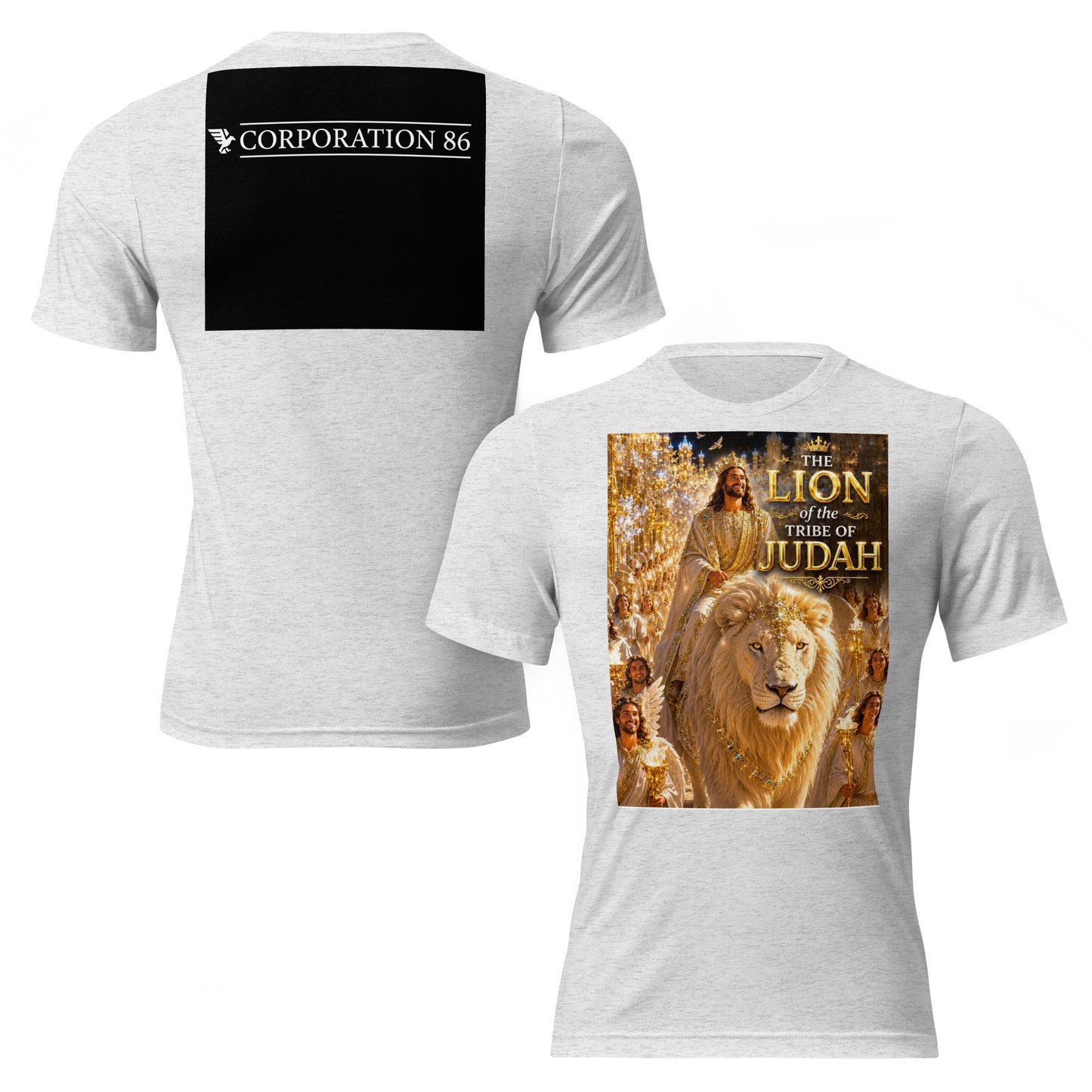 T-shirt unisex a maniche corte CORPORATION-86, tessuto tri-blend bianco con dettaglio a macchie, vista frontale e posteriore
