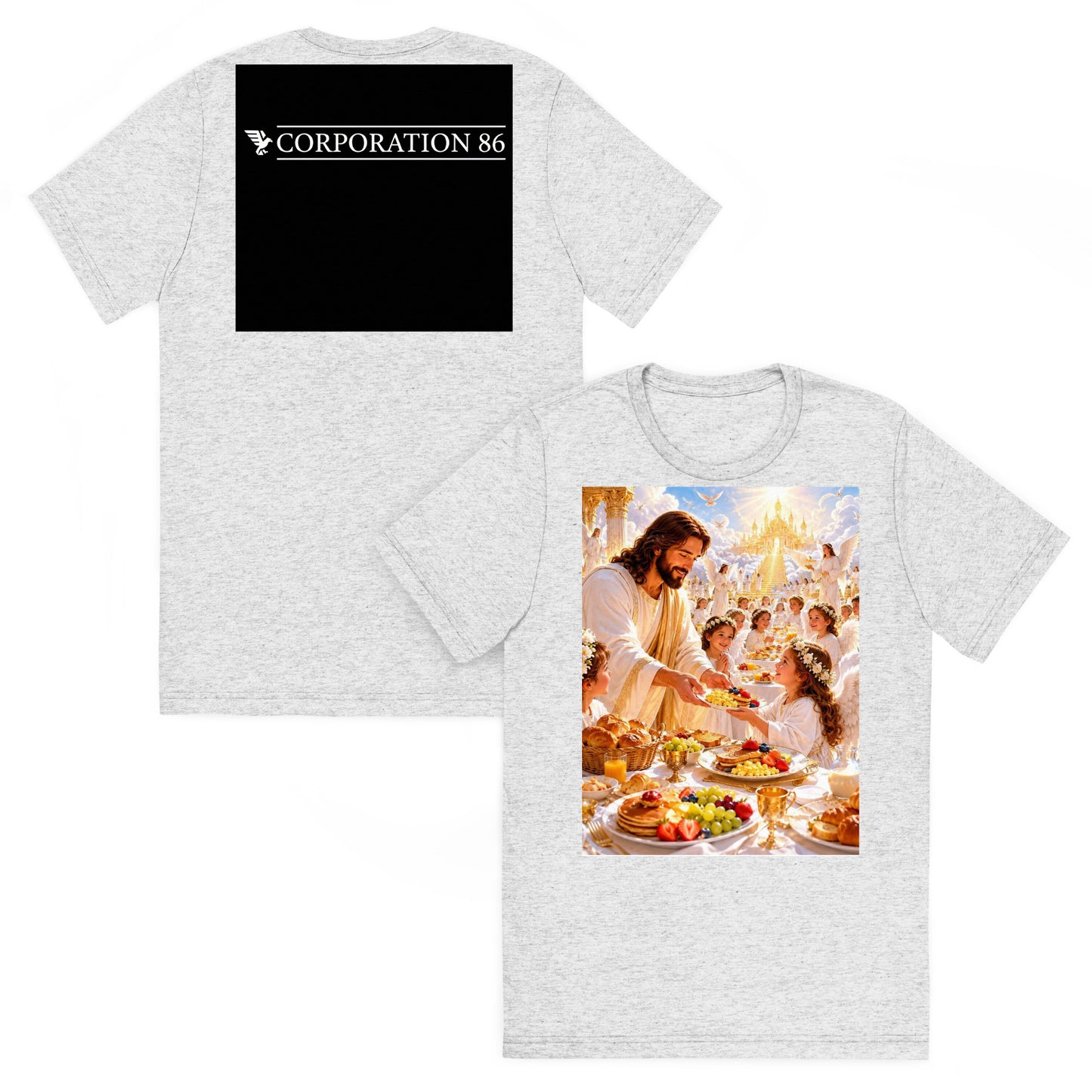 T-shirt unisex a maniche corte CORPORATION-86, tessuto tri-blend bianco con fleck, vista frontale e posteriore.