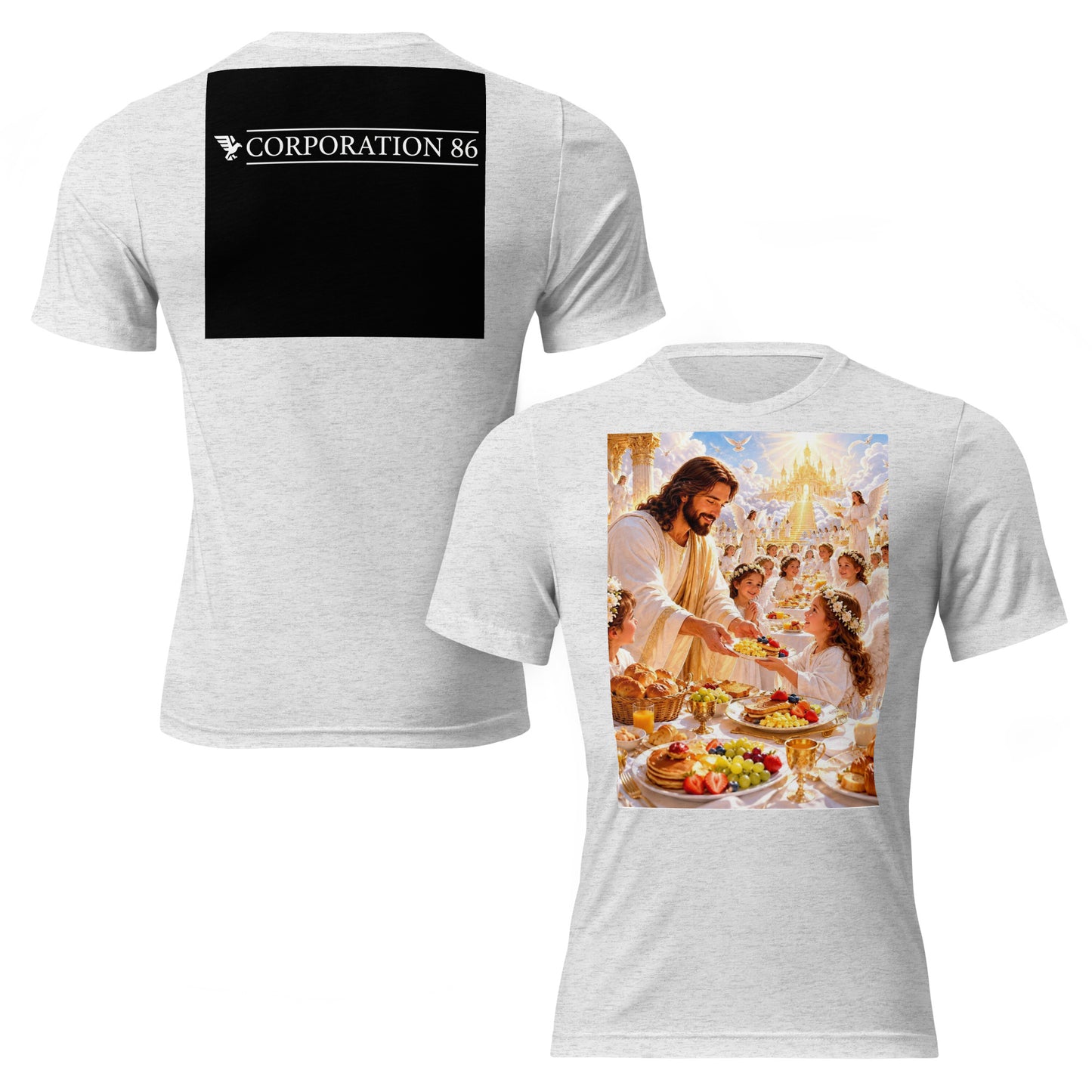 T-shirt unisex a maniche corte CORPORATION-86 in tessuto tri-blend bianco con dettagli a fleck, vista frontale e posteriore.