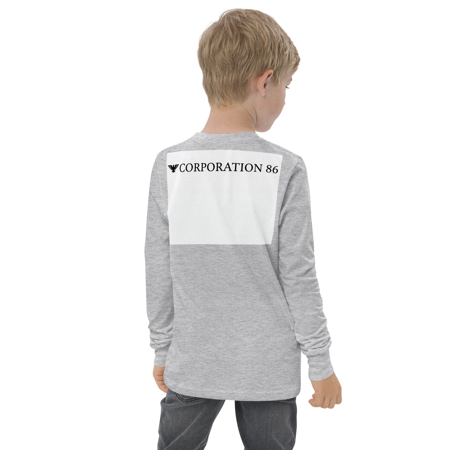 Maglietta a maniche lunghe per giovani della CORPORATION-86 in tessuto sportivo heather, vista da dietro.