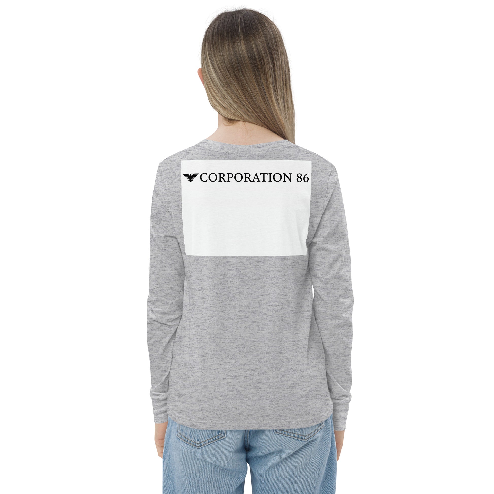 T-shirt a maniche lunghe per ragazzi CORPORATION-86 in tessuto athletic heather, vista posteriore.