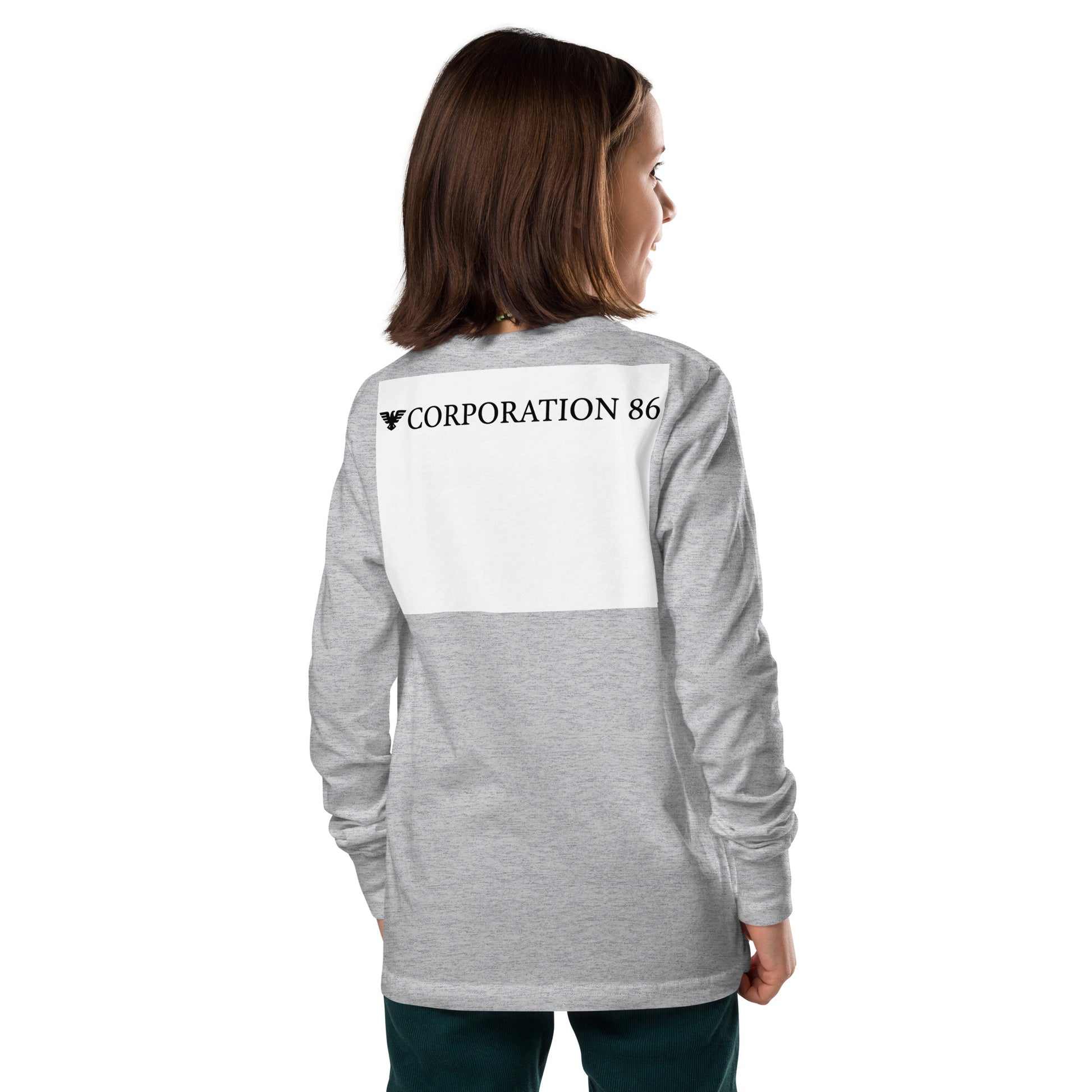 Maglietta a maniche lunghe per ragazzi CORPORATION-86 in tessuto athletic heather, vista posteriore, stile casual e sportivo