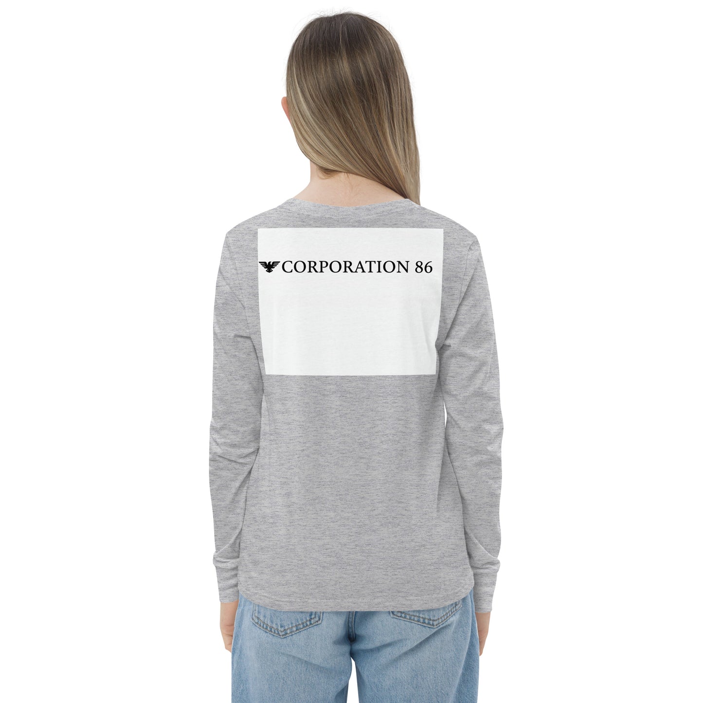 Maglietta a maniche lunghe per giovani di CORPORATION-86 in tessuto sportivo heather, vista posteriore.