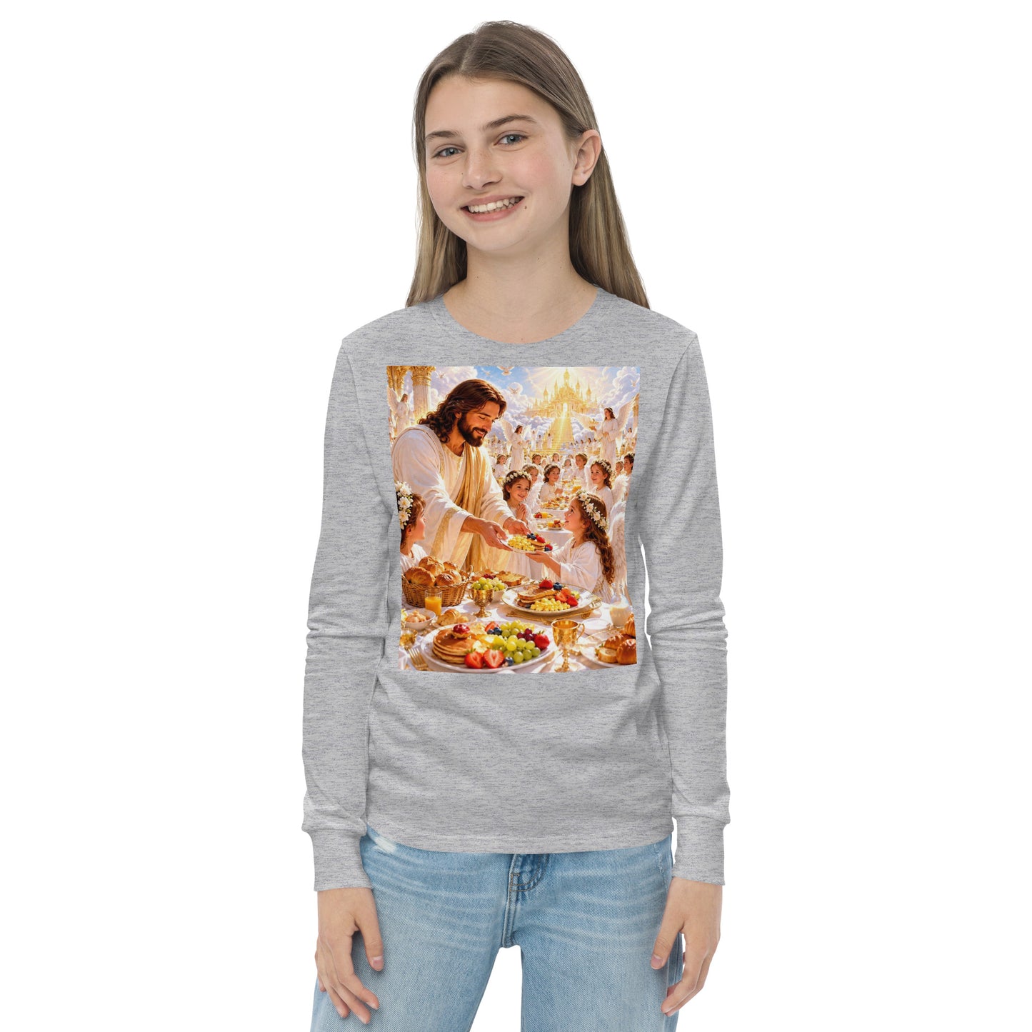 T-shirt a manica lunga per bambini CORPORATION-86 in tessuto jersey athletic heather, vista frontale.