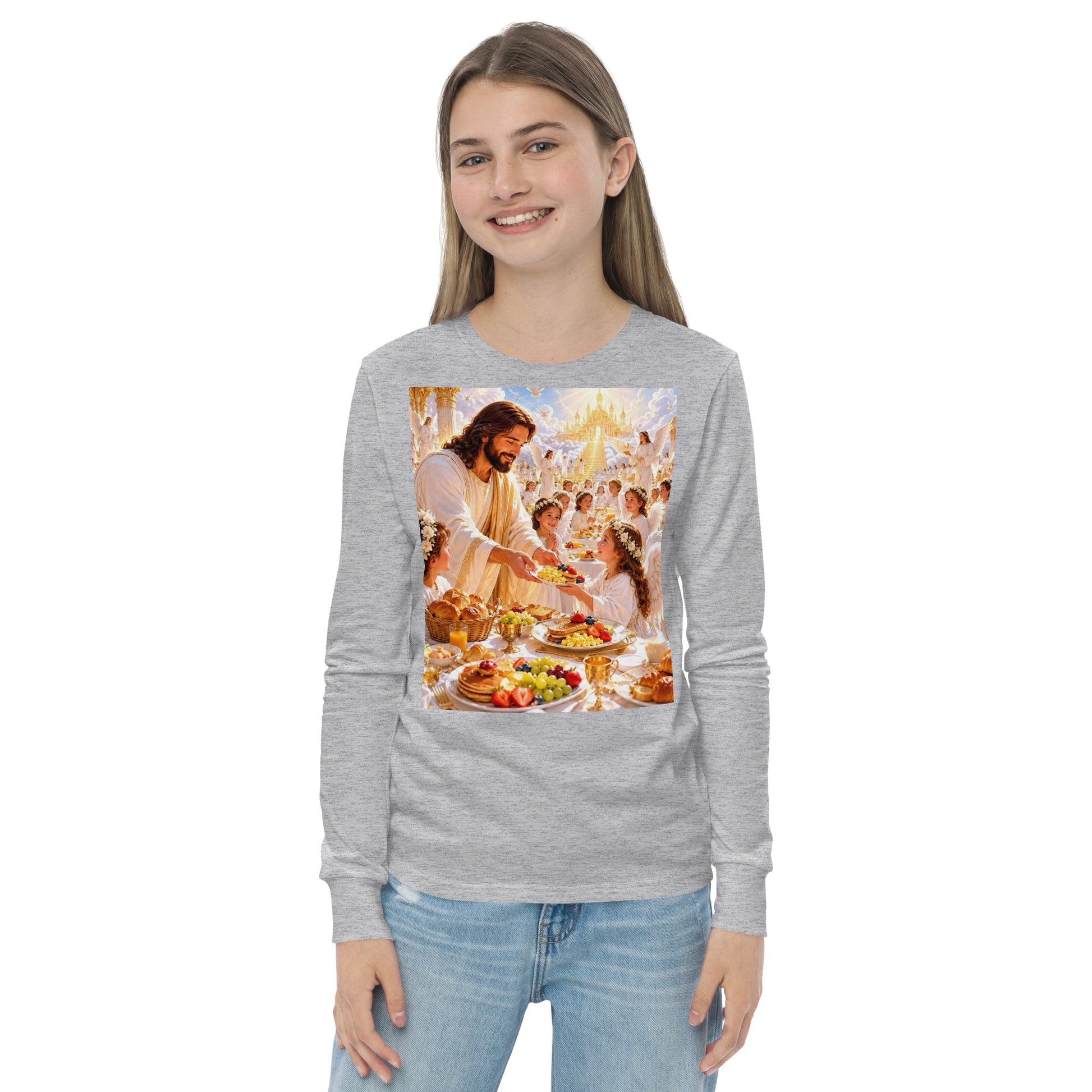 T-shirt a manica lunga per bambini CORPORATION-86 in tessuto jersey athletic heather, vista frontale.