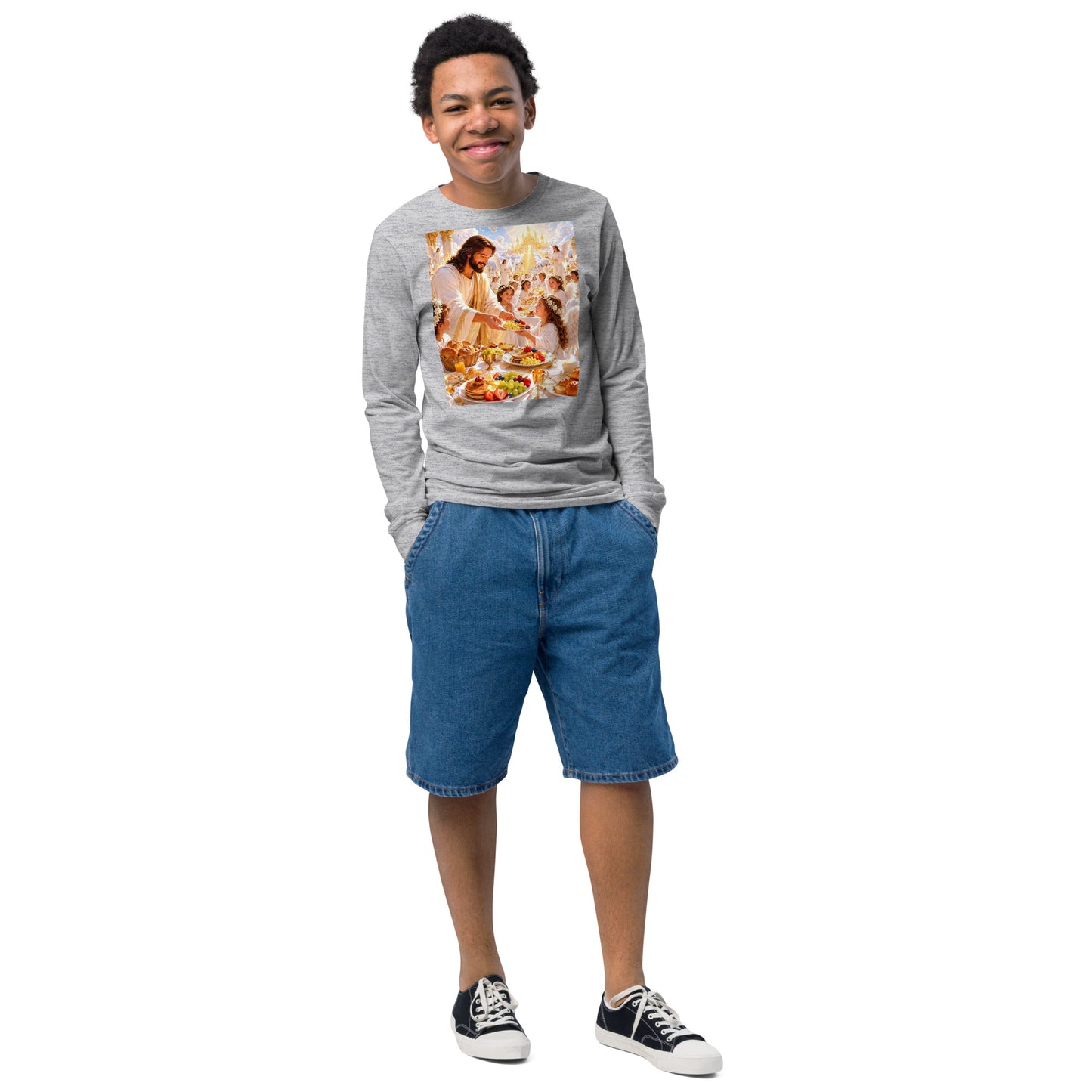 Maglietta a maniche lunghe da ragazzi CORPORATION-86 in tessuto athletic heather, vista frontale, stile sportivo casual.