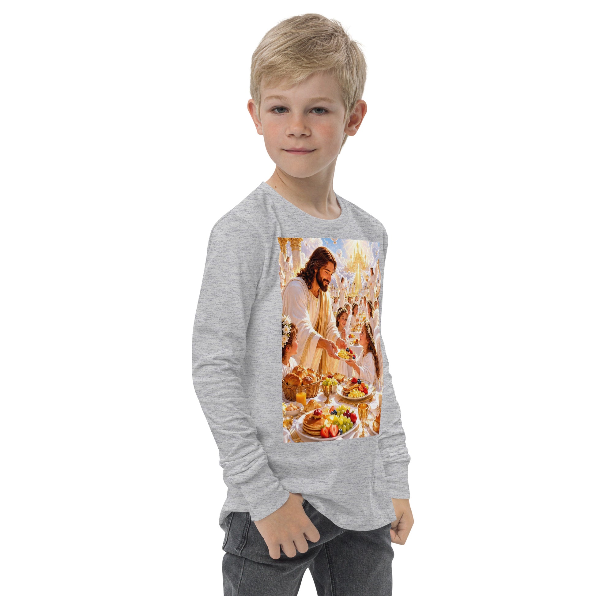 T-shirt a maniche lunghe per giovani CORPORATION-86 in tessuto atletico color heather, vista frontale a destra.