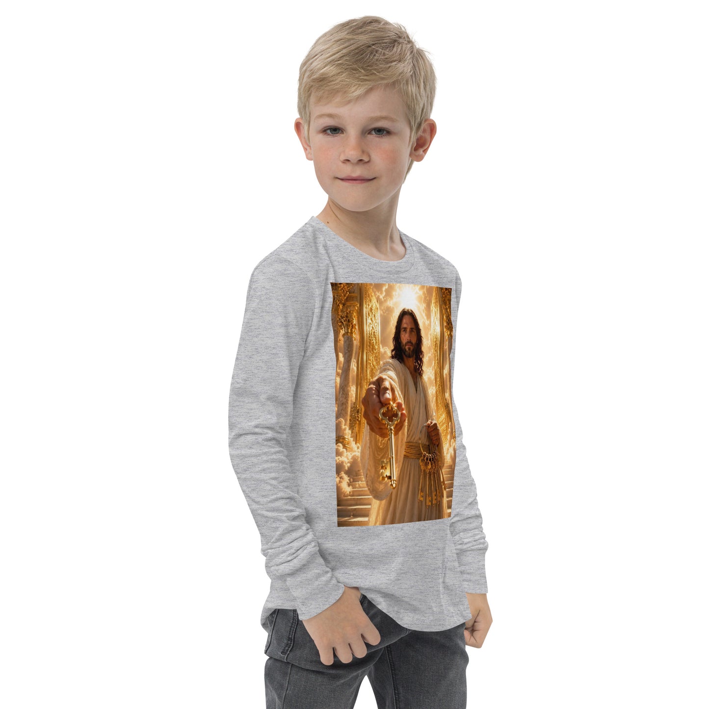 T-shirt a maniche lunghe per ragazzi CORPORATION-86 in tessuto athletic heather, vista frontale sulla parte destra.