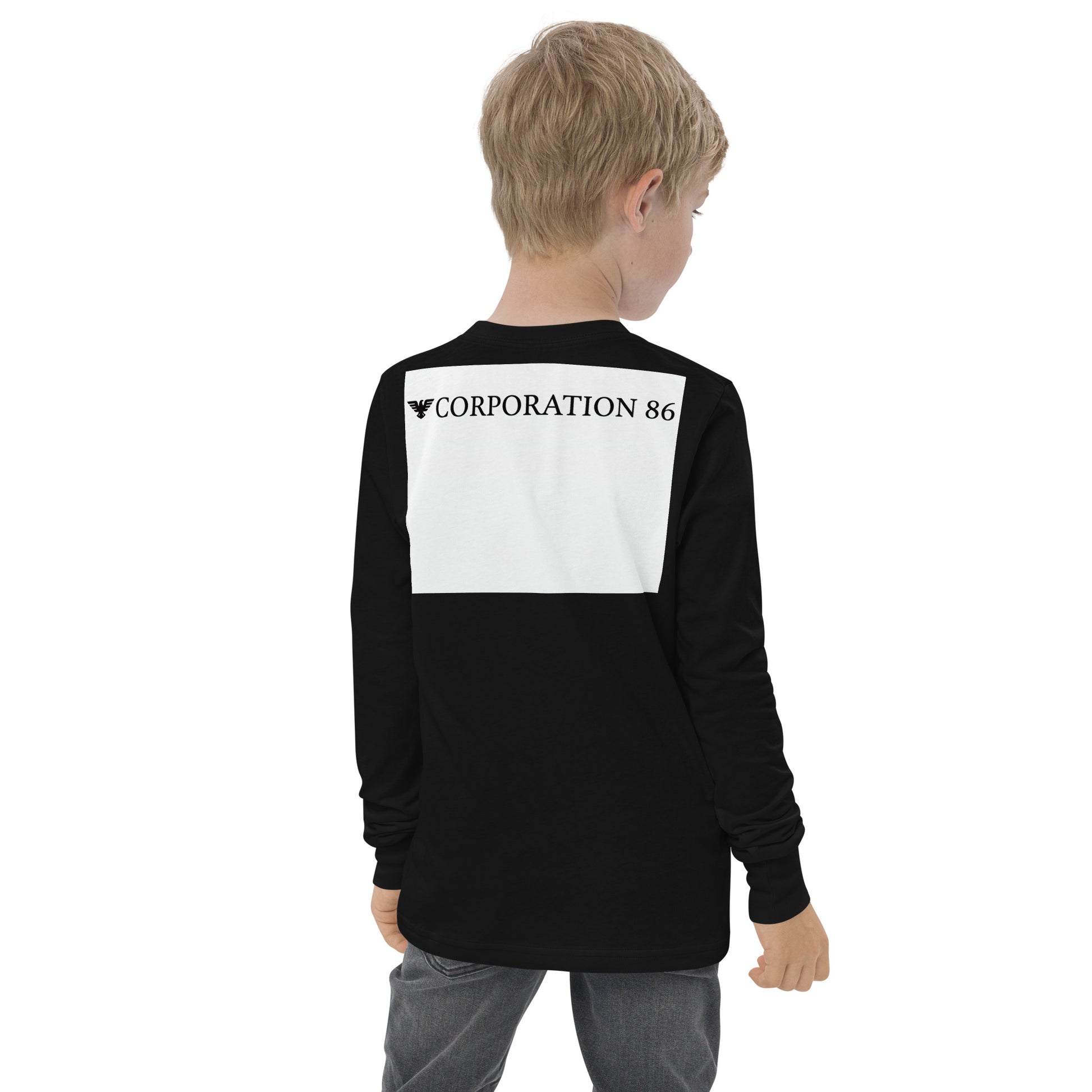 Maglietta a maniche lunghe per ragazzi CORPORATION-86 color nero vista da dietro, semplice e casual.