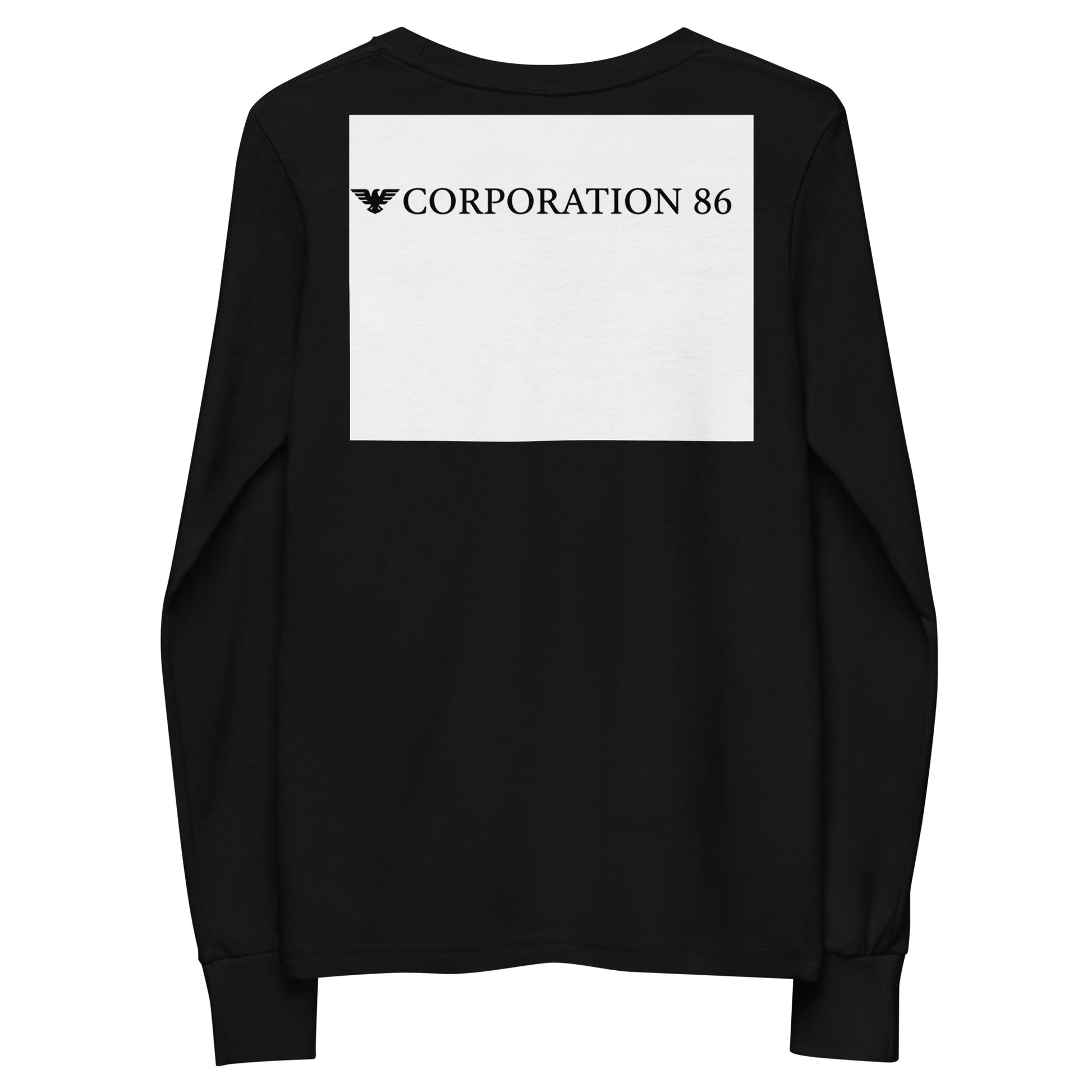 T-shirt a maniche lunghe per ragazzi di colore nero con logo CORPORATION-86 sul retro, vista posteriore.