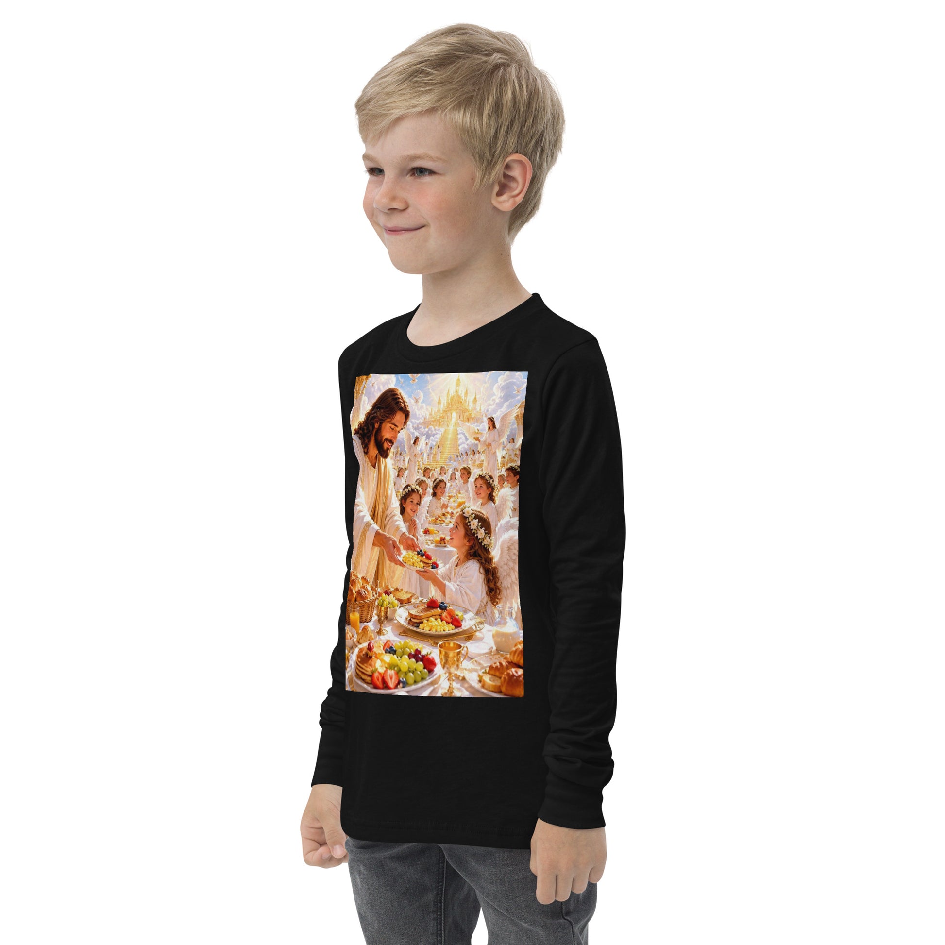 T-shirt a maniche lunghe nero per ragazzo CORPORATION-86, vista frontale a sinistra con dettagli del design.