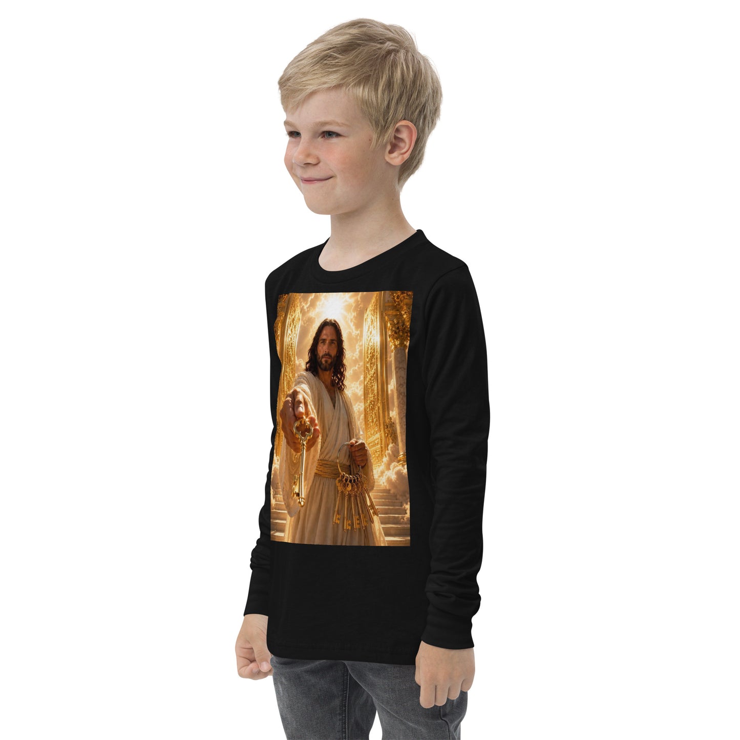 T-shirt a maniche lunghe per bambini CORPORATION-86, colore nero, vista frontale a sinistra, tessuto morbido e comodo.