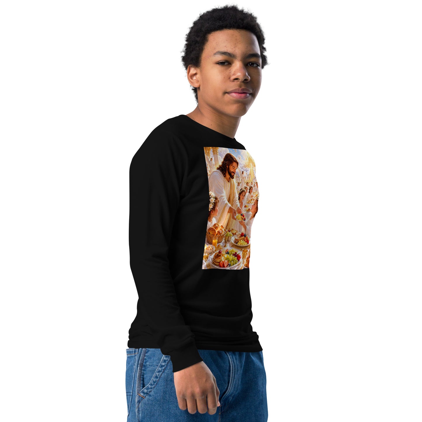 T-shirt a maniche lunghe per ragazzi di colore nero di CORPORATION-86, vista frontale a destra, stile casual e giovane.