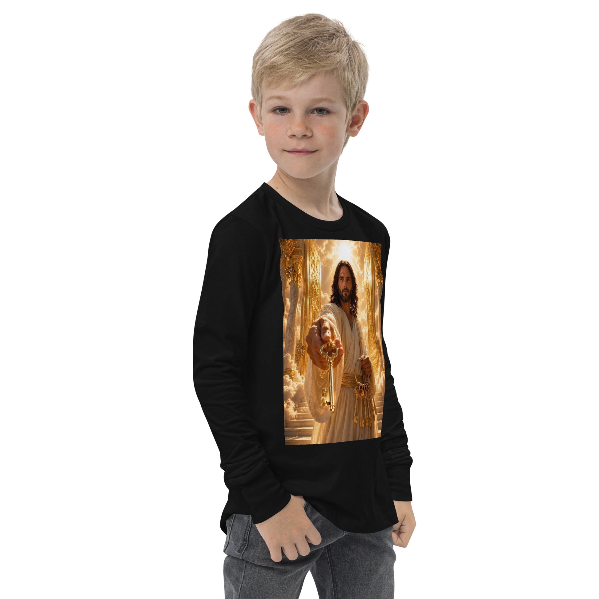 T-shirt a maniche lunghe per ragazzi CORPORATION-86, colore nero, vista frontale a destra, tessuto morbido e casual