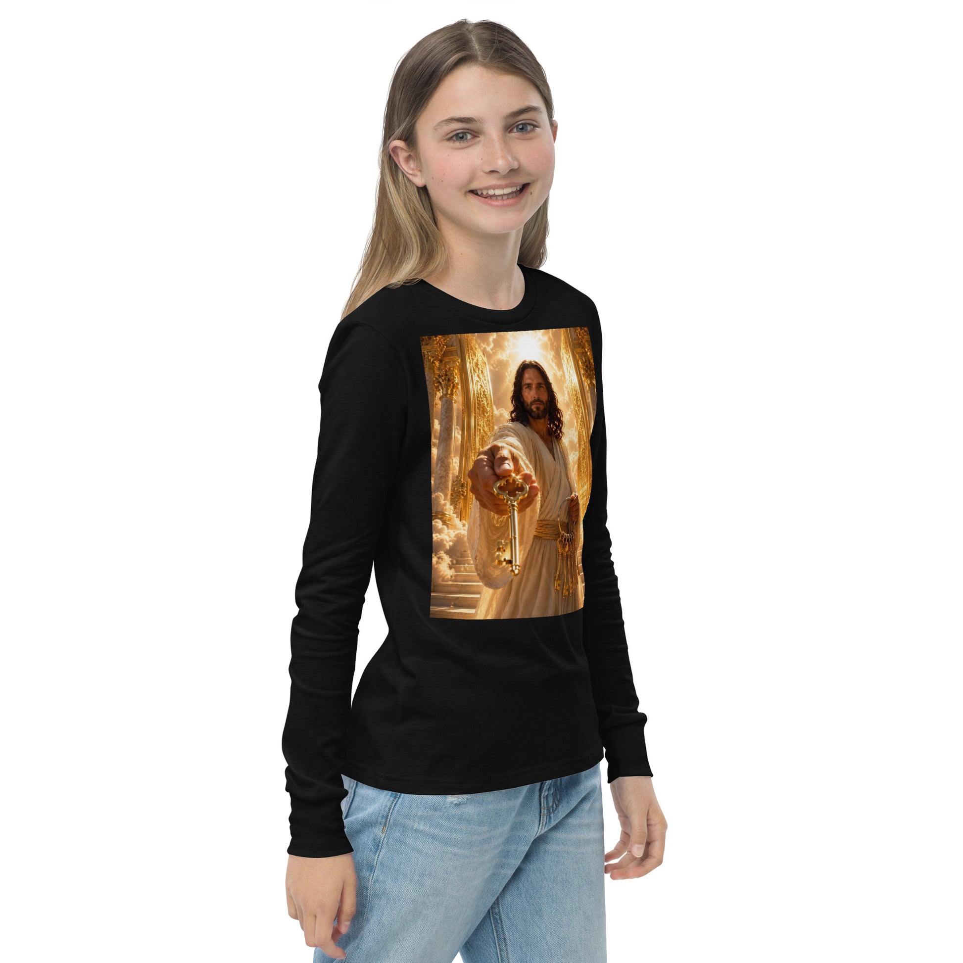 T-shirt a maniche lunghe per ragazzi CORPORATION-86 in nero, vista frontale a destra, tessuto morbido e comodo.