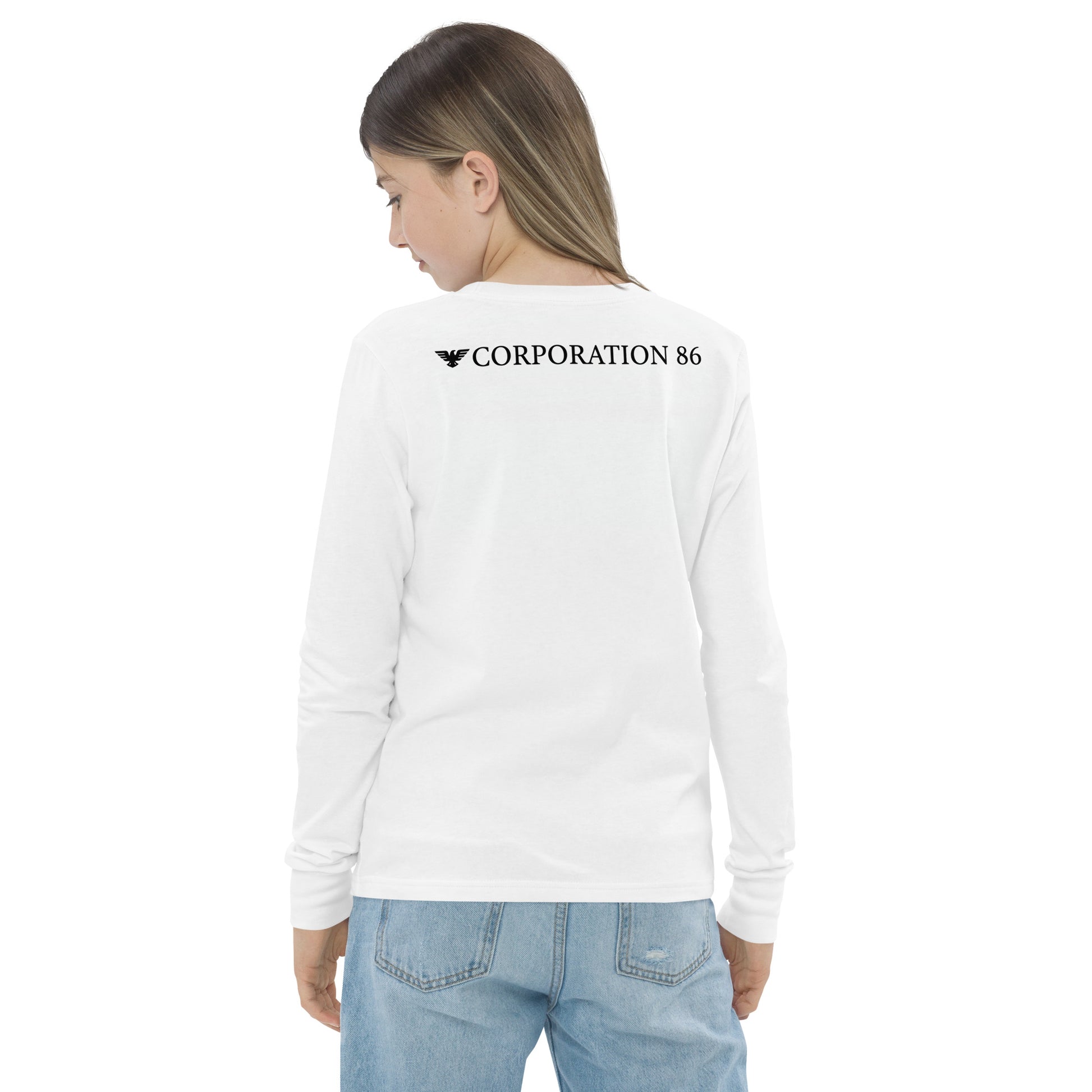 T-shirt a maniche lunghe per ragazzi CORPORATION-86 bianco, vista posteriore, tessuto morbido e comodo per bambini e adolescenti.