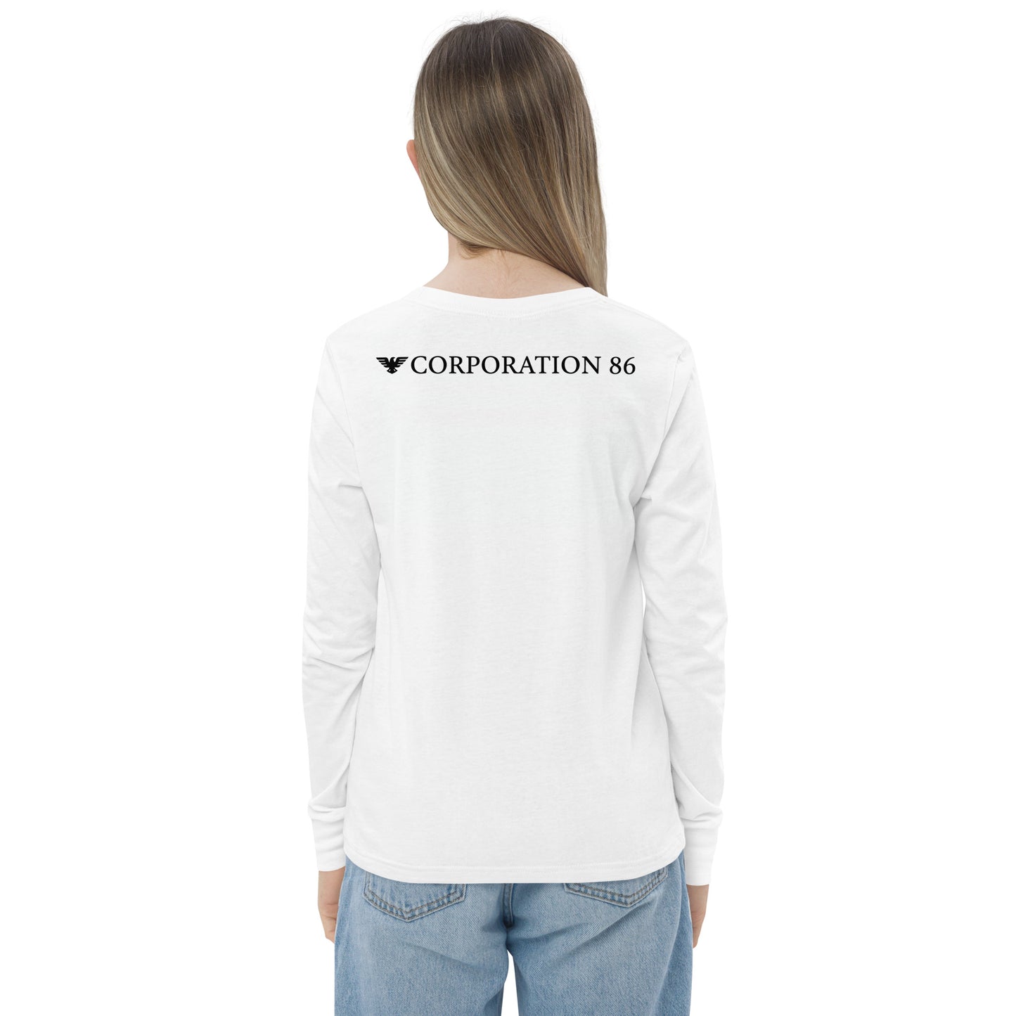 T-shirt a maniche lunghe per ragazzi CORPORATION-86, bianco, vista posteriore, tessuto morbido e confortevole.