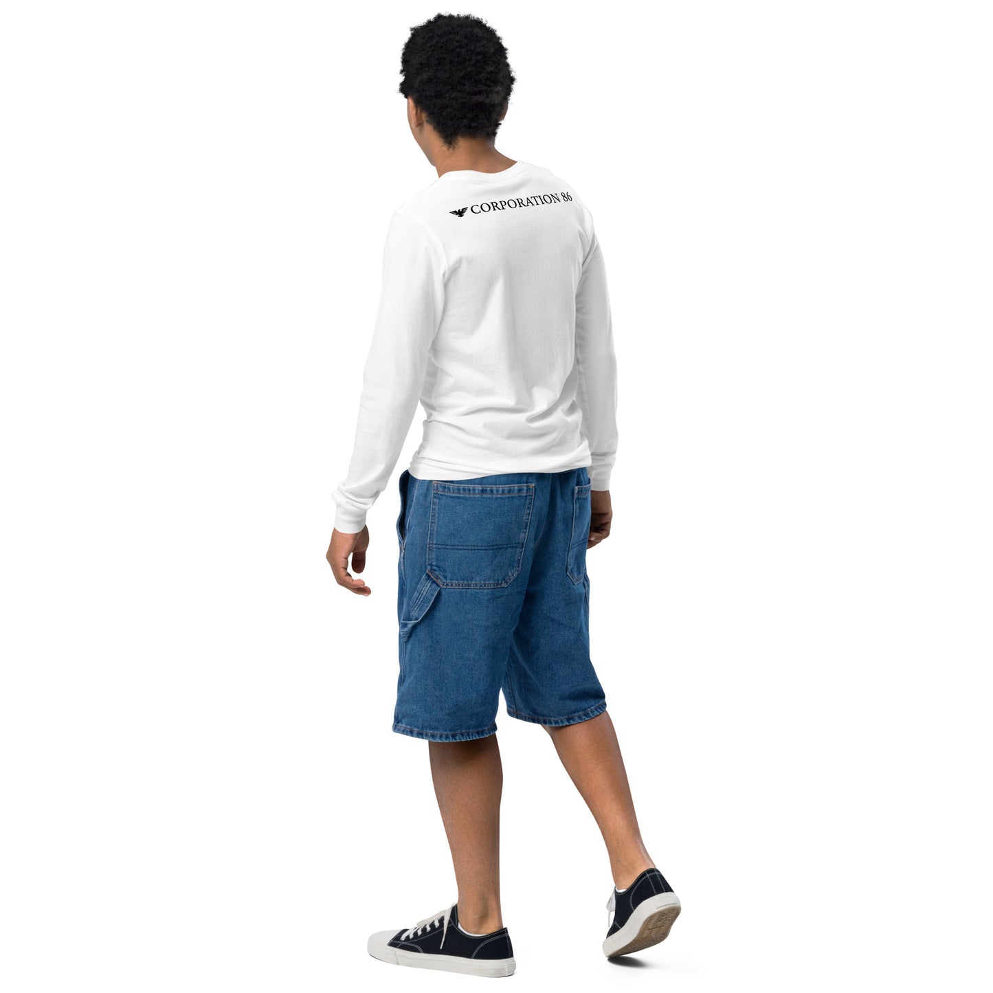 T-shirt a maniche lunghe per ragazzi CORPORATION-86, bianco, vista posteriore, tessuto morbido e comodo per bambini.