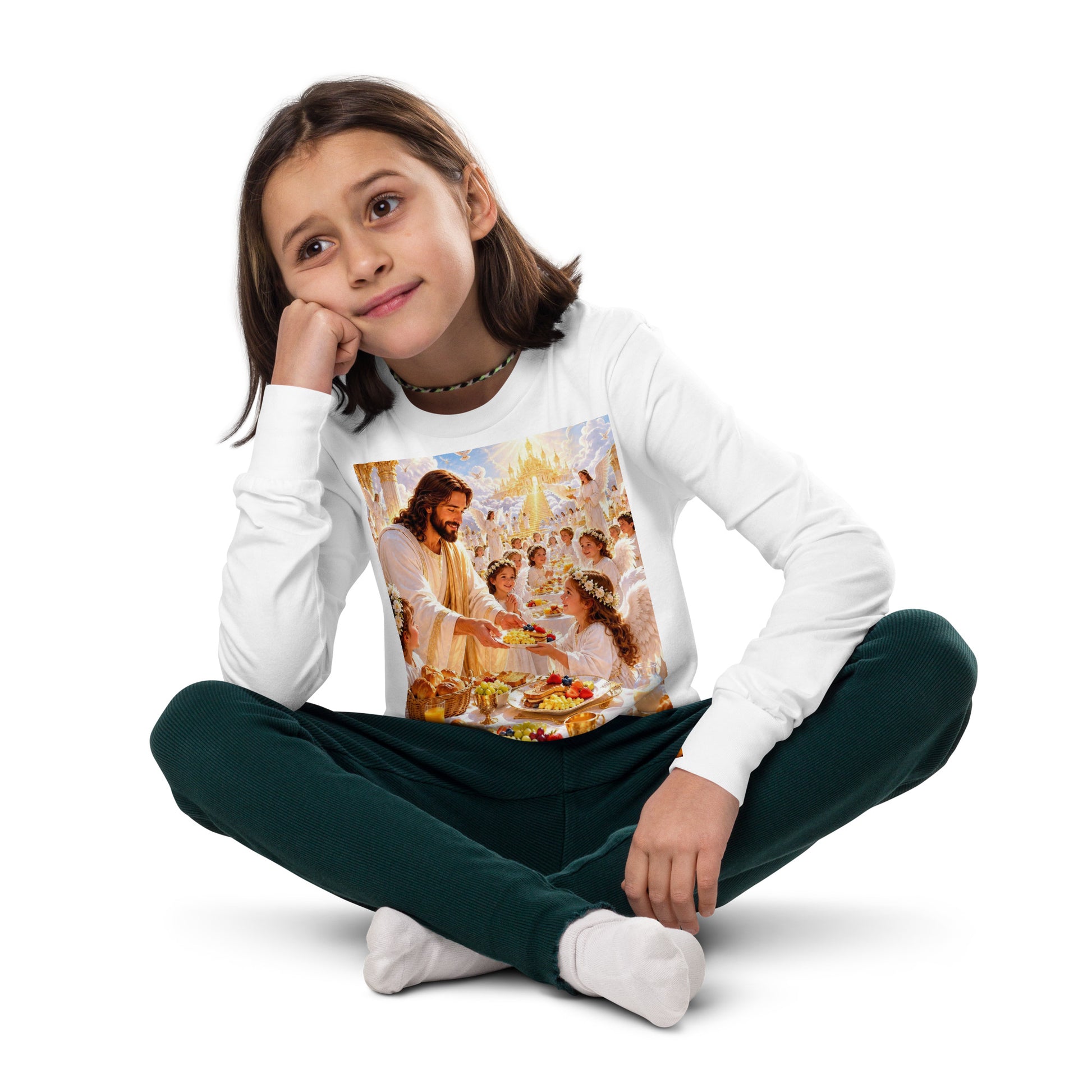 T-shirt a maniche lunghe per ragazzi CORPORATION-86, bianco, vista frontale con dettagli del design.