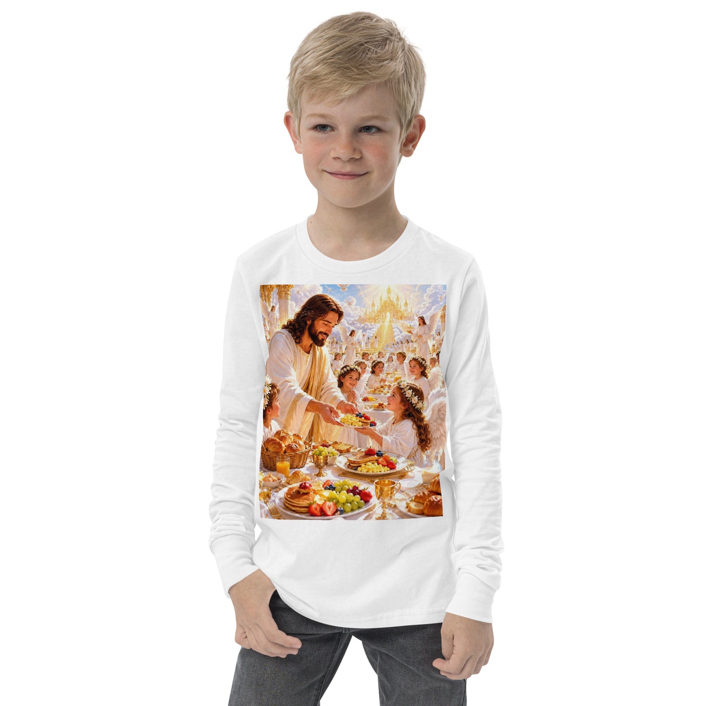 T-shirt a maniche lunghe per ragazzi, marca CORPORATION-86, colore bianco, vista frontale.