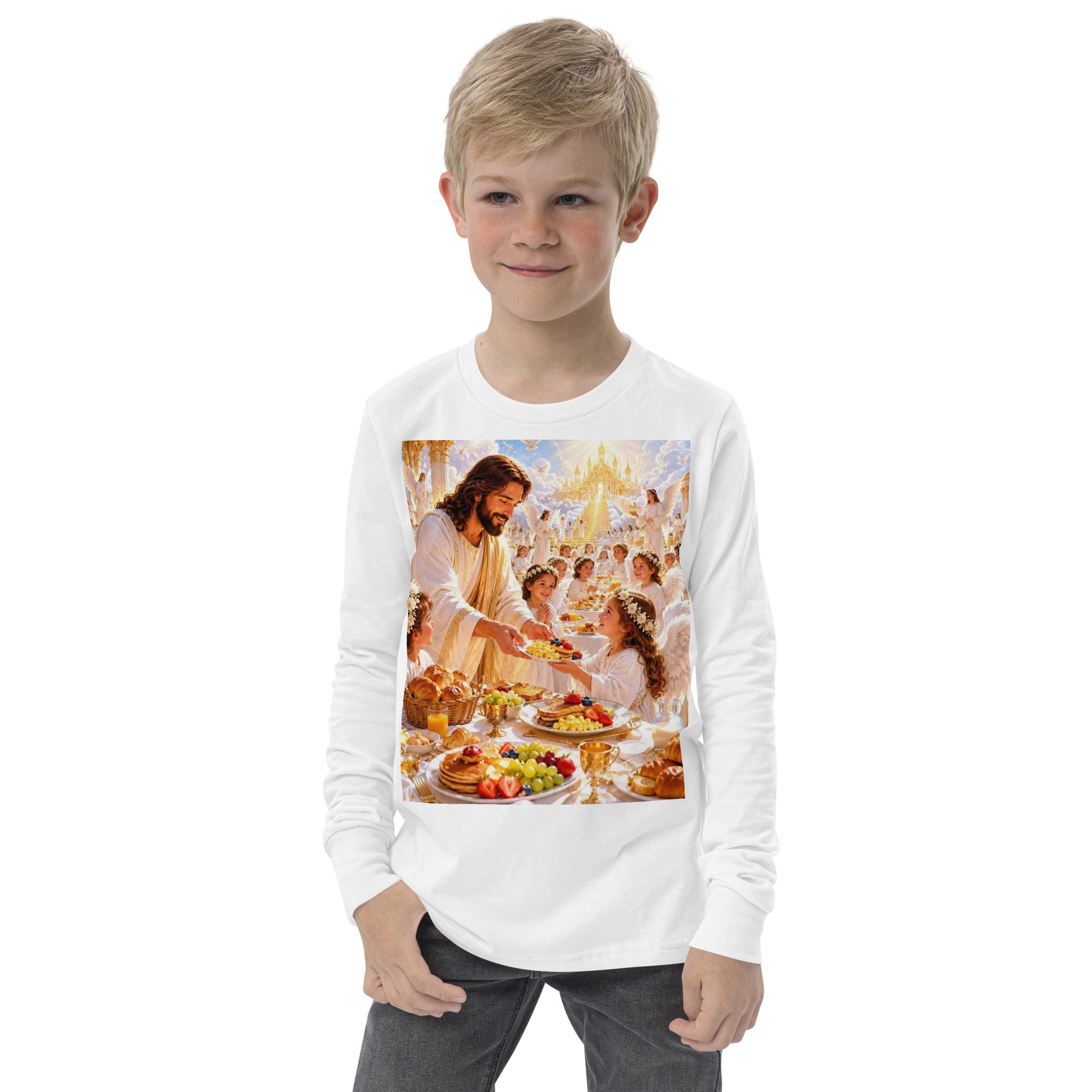 T-shirt a maniche lunghe per ragazzi, marca CORPORATION-86, colore bianco, vista frontale.