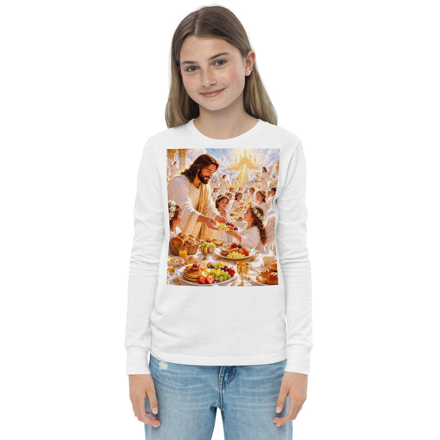 T-shirt a maniche lunghe bianco per ragazzi CORPORATION-86, vista frontale, morbido tessuto e stile casual per giovani.
