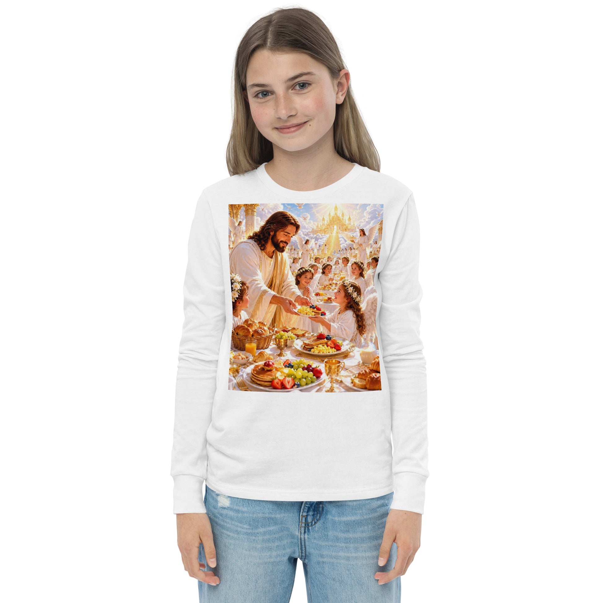 T-shirt a maniche lunghe bianco per ragazzi CORPORATION-86, vista frontale, morbido tessuto e stile casual per giovani.