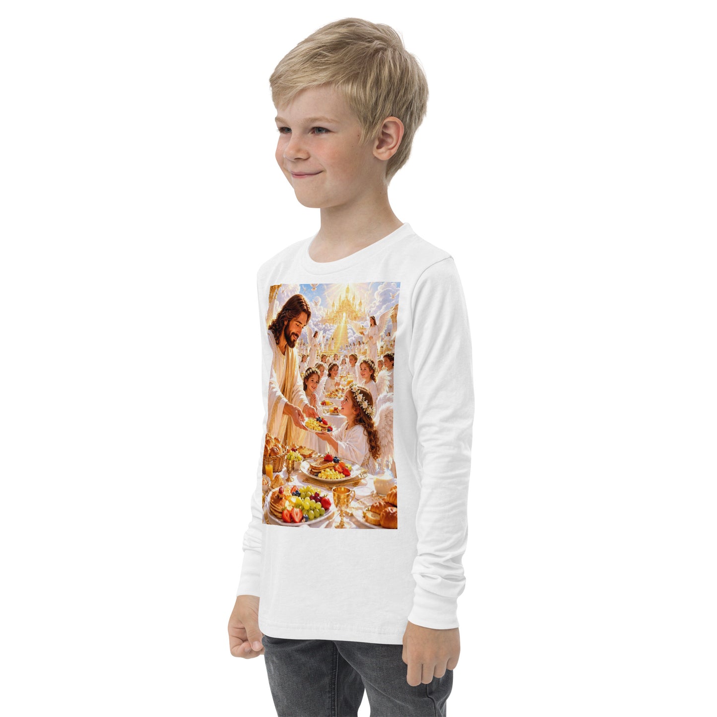 T-shirt a manica lunga per ragazzi CORPORATION-86 bianco, vista frontale sinistra, tessuto morbido e comodo per bambini.