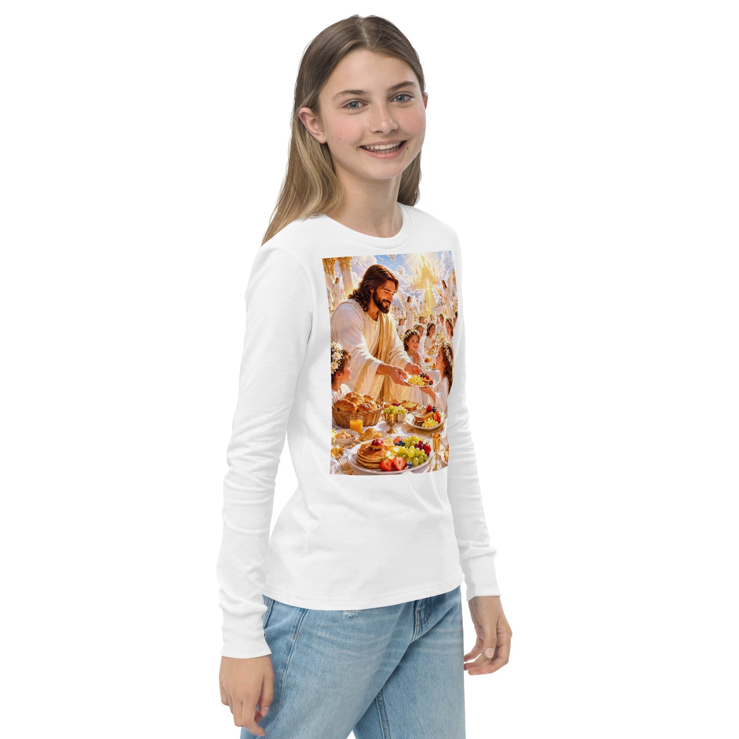 T-shirt a maniche lunghe per bambini di colore bianco, marca CORPORATION-86, vista frontale destra.