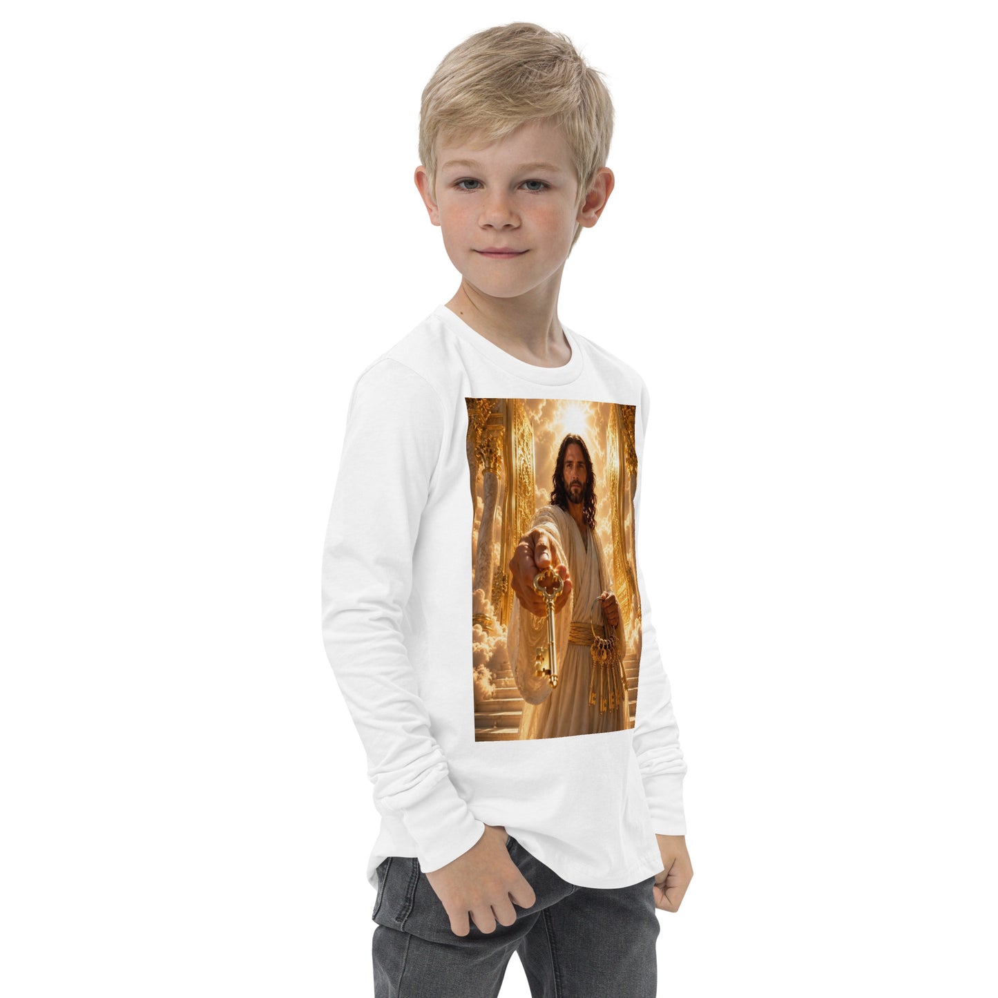 T-shirt a maniche lunghe bianco per ragazzi di CORPORATION-86, vista frontale destra, tessuto morbido e comodo.
